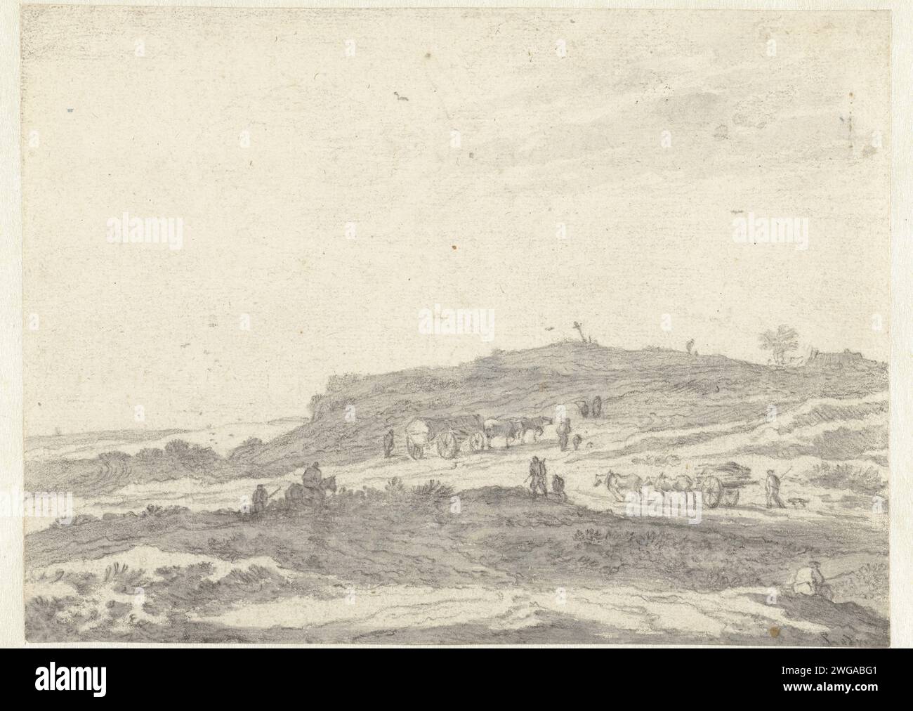 Paysage vallonné avec une voiture et une charrette, Pieter de Molijn, 1650 - 1660 dessin paysage vallonné avec une voiture, une charrette et diverses figures sur une route sablonneuse. papier. chariot de brousse (ferme), wagon de marchandises, chariot. pays de collines basses. véhicule à quatre roues tiré par un animal Banque D'Images
