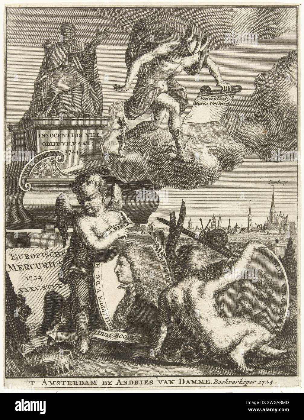 Page de titre pour l'Europische Mercury de 1724, 1724 print page de titre pour l'Europische Mercurius, dl. XXXV au cours de l'année 1724. Deux anges avec des portraits de l'empereur Charles Quint et Koning Philippe V d'Espagne qui sont revenus temporairement en 1724. En arrière-plan, une statue du pape Innocent XIII, décédé en 1724. Dans les nuages mercure avec un papier avec du texte. Imprimeur : Northern Netherlandspublisher : Amsterdam gravure sur papier / gravure Banque D'Images