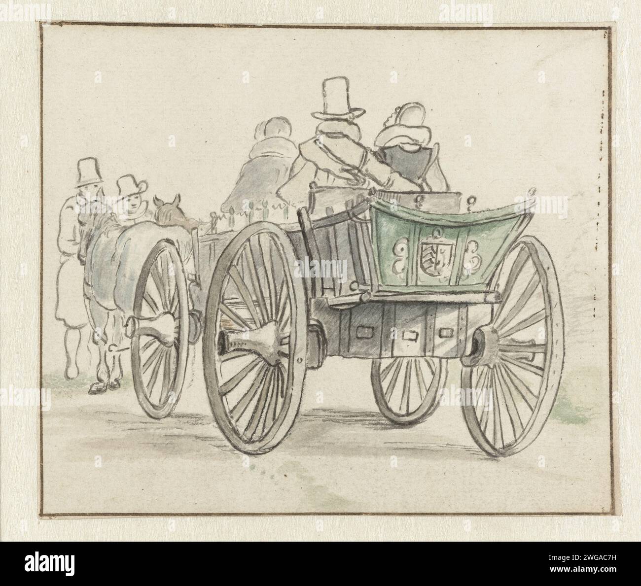 Voiture de voyage avec quelques passagers, Esaiaas van de Velde (attribution rejetée), d'après Hendrick Avercamp, 1600 - 1684 papier à dessin. véhicule à quatre roues à brosse à craie dessiné par deux animaux. véhicule à quatre roues tiré par deux animaux Banque D'Images