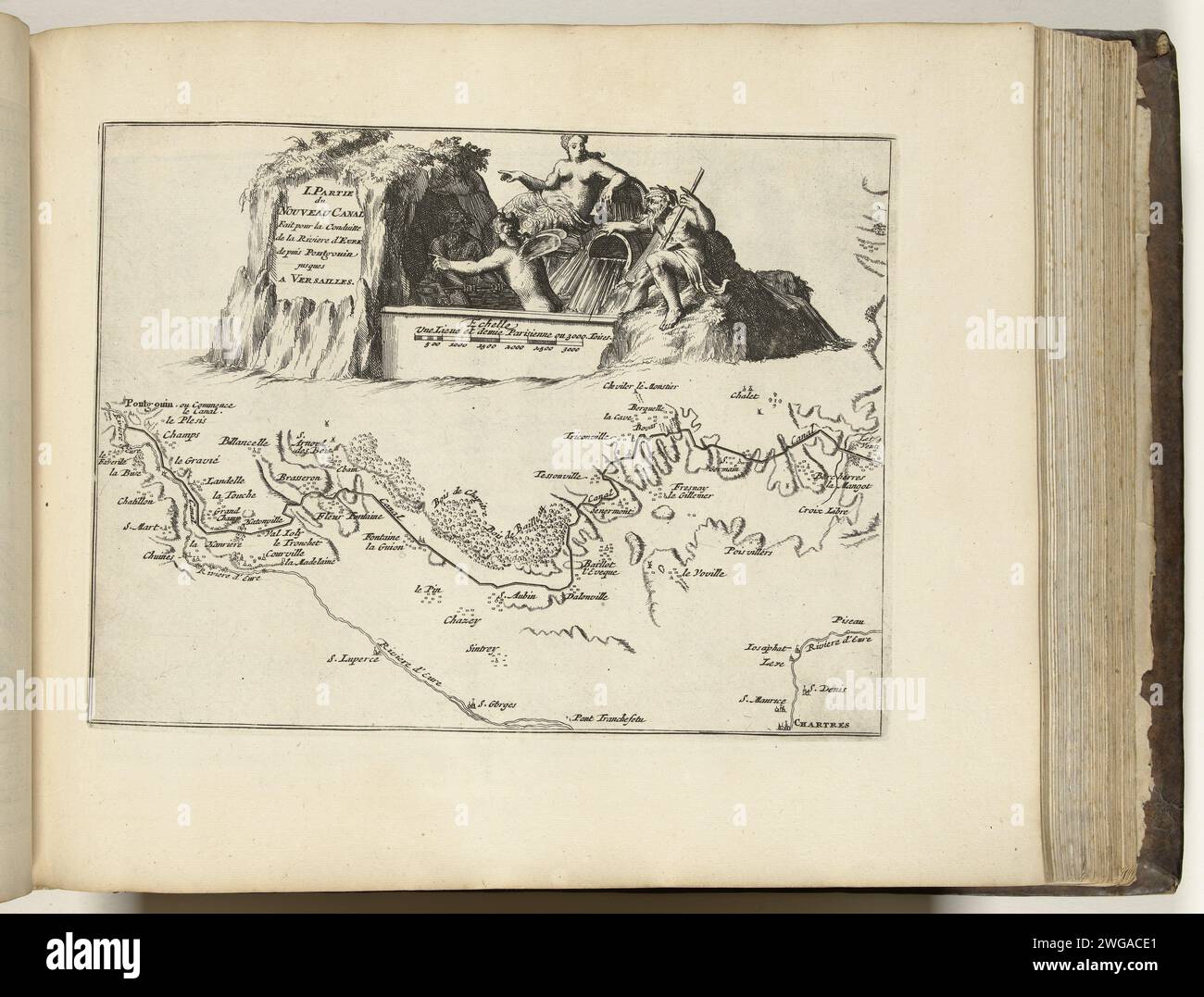 Plan du nouveau chenal de Pontgouin à Versailles (partie I), ca. 1693-1696, 1693 - 1696 imprimer carte du nouveau canal qui conduit l'eau de l'Eure de Pontgouin à Versailles (partie I), ca. 1693-1696. Avec grotte avec nymphes d'eau et dieux de rivière. Partie de la cinquième partie (1696) de l'ouvrage dans lequel les huit parties des Forces de l'Europe sont publiées entre 1693 et 1697. L’œuvre imprimée est composée de 175 planches avec des plans (de Sébastien le Prestre, Seigneur de Vauban) de villes fortes et de forteresses renommées de la guerre de neuf ans. Titre et inscriptions en français. Imprimeur : Francep Banque D'Images