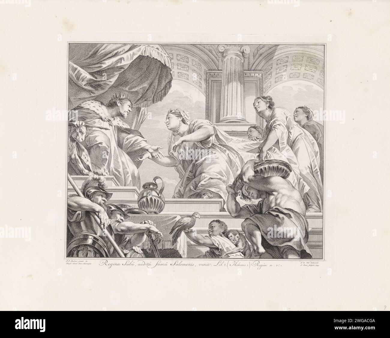 La reine de Séba met Salomon à l'épreuve avec des énigmes, Jan Punt, d'après Jacob de Wit, d'après Pierre Paul Rubens, 1749 estampe Salomon sur son trône reçoit la reine de Séba avec son entourage. Sous la représentation rectangulaire un verset en latin de 1 Kon. 10 : 1. Amsterdam papier gravure / gravure de la reine de Sheba avant Salomon, le testant avec des questions Carolus Borromeuskerk Banque D'Images