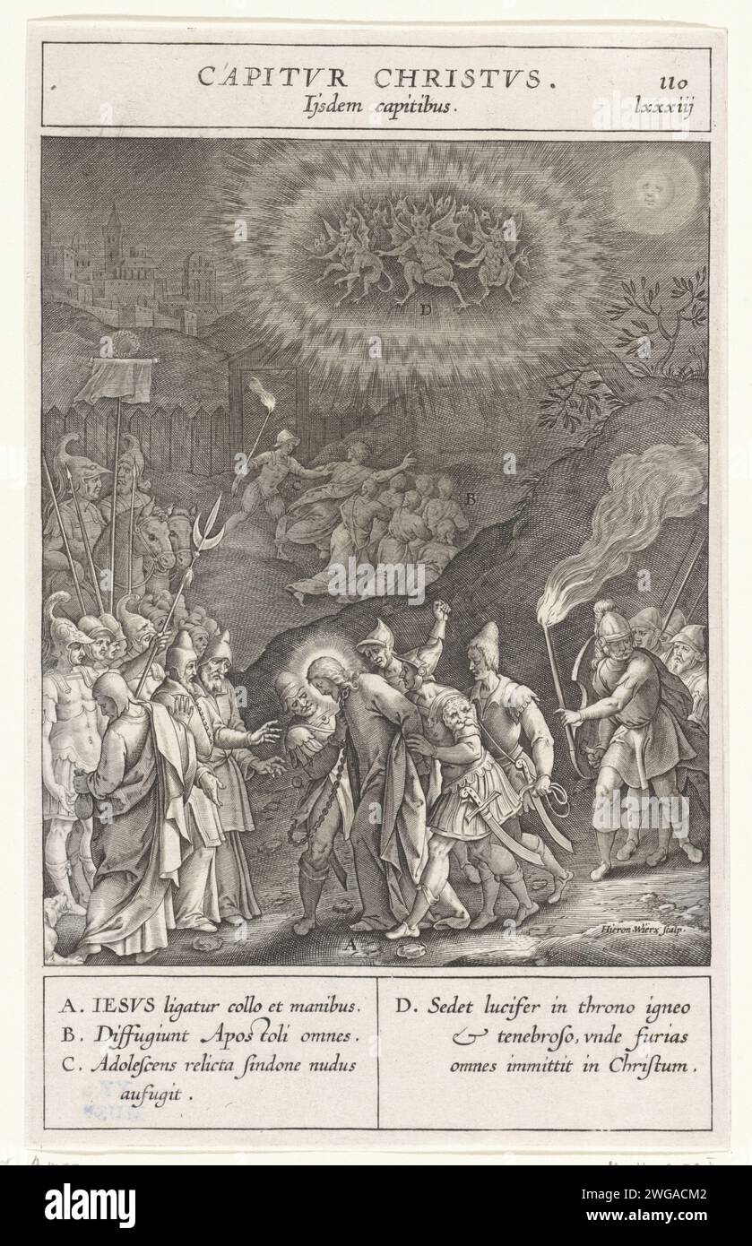 Arrestation du Christ, Hieronymus Wierix, d'après Bernardino Passeri, 1593 imprimer les soldats entourent et arrêtent le Christ. Ses mains sont attachées au dos. Divers éléments de la performance sont des lettres qui correspondent à la légende dans la marge. Papier Anvers gravure l'arrestation du Christ  jardin de Gethsémani Banque D'Images