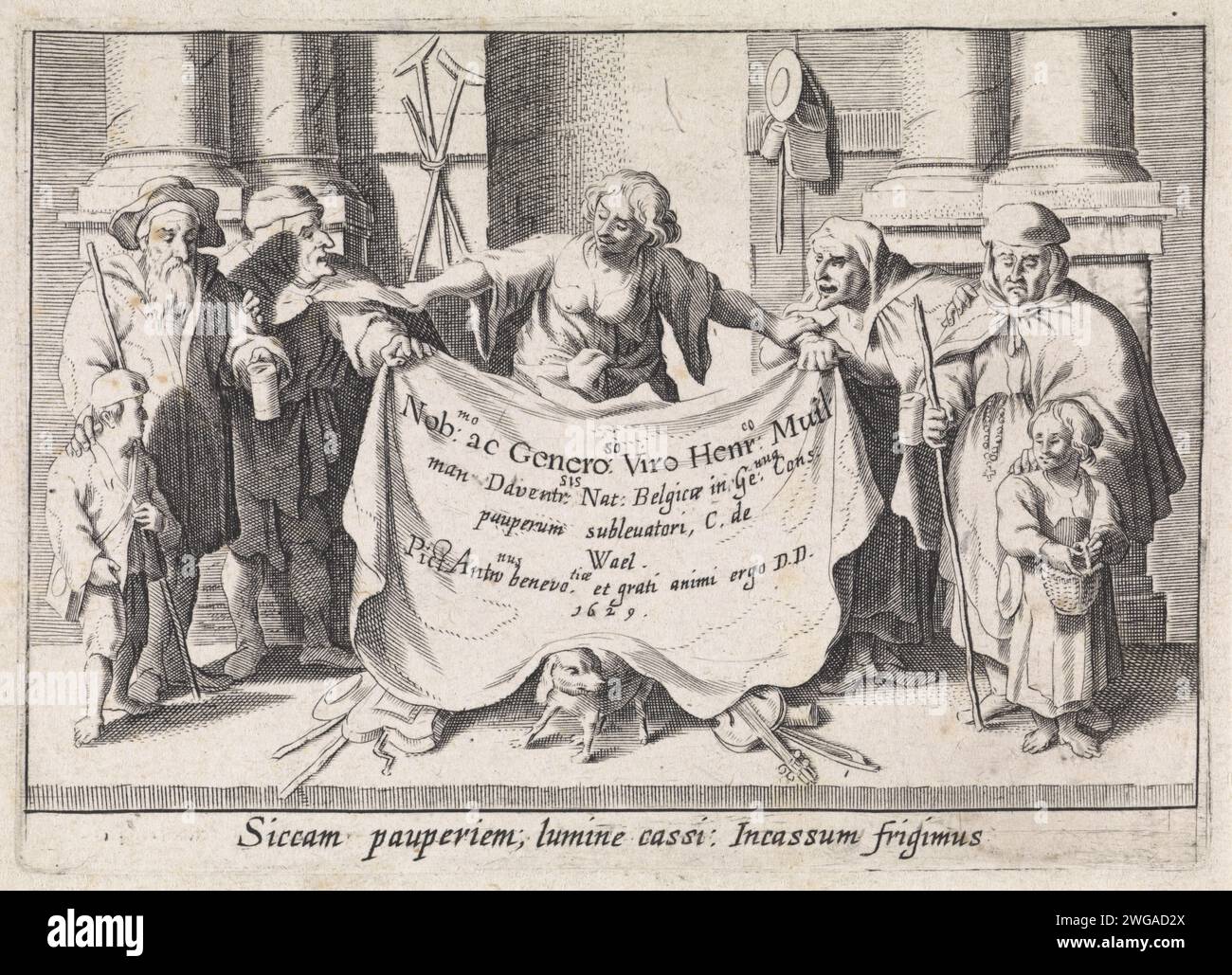 Armoiries et aveugle autour d'une draperie, Anonyme, d'après Cornelis de Wael, 1629 impression Une figure tient une draperie sur laquelle une affectation en latin. Un chien rampe sous la draperie. Il y a des hommes, des femmes et des enfants pauvres et aveugles des deux côtés. Dans la marge une légende en latin. gravure sur papier aveugle, cécité. les pauvres. chien Banque D'Images