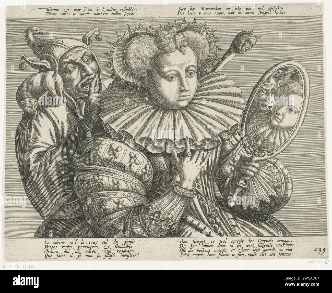 Femme avec miroir et fou : dessin animé sur le précieux remède plissé rigide, env. 1600, 1600 - 1624 imprimer dessin animé sur la vanité, montré dans des vêtements luxueux. Une femme habillée élégante, à moitié aimée, est habillée en robe à large col plissé : signe de statut et de richesse. Comme bijoux, elle porte des boucles d'oreilles, une bague et des bracelets. En regardant dans le miroir à main, elle voit non seulement sa propre image miroir, mais aussi la tête de la secousse derrière elle. Il y a un chat sur l'épaule du Nar qui montre son bas, un marot dans sa main droite. Le NAR exprime le texte qui peut être lu en haut : Sie how marotte Banque D'Images