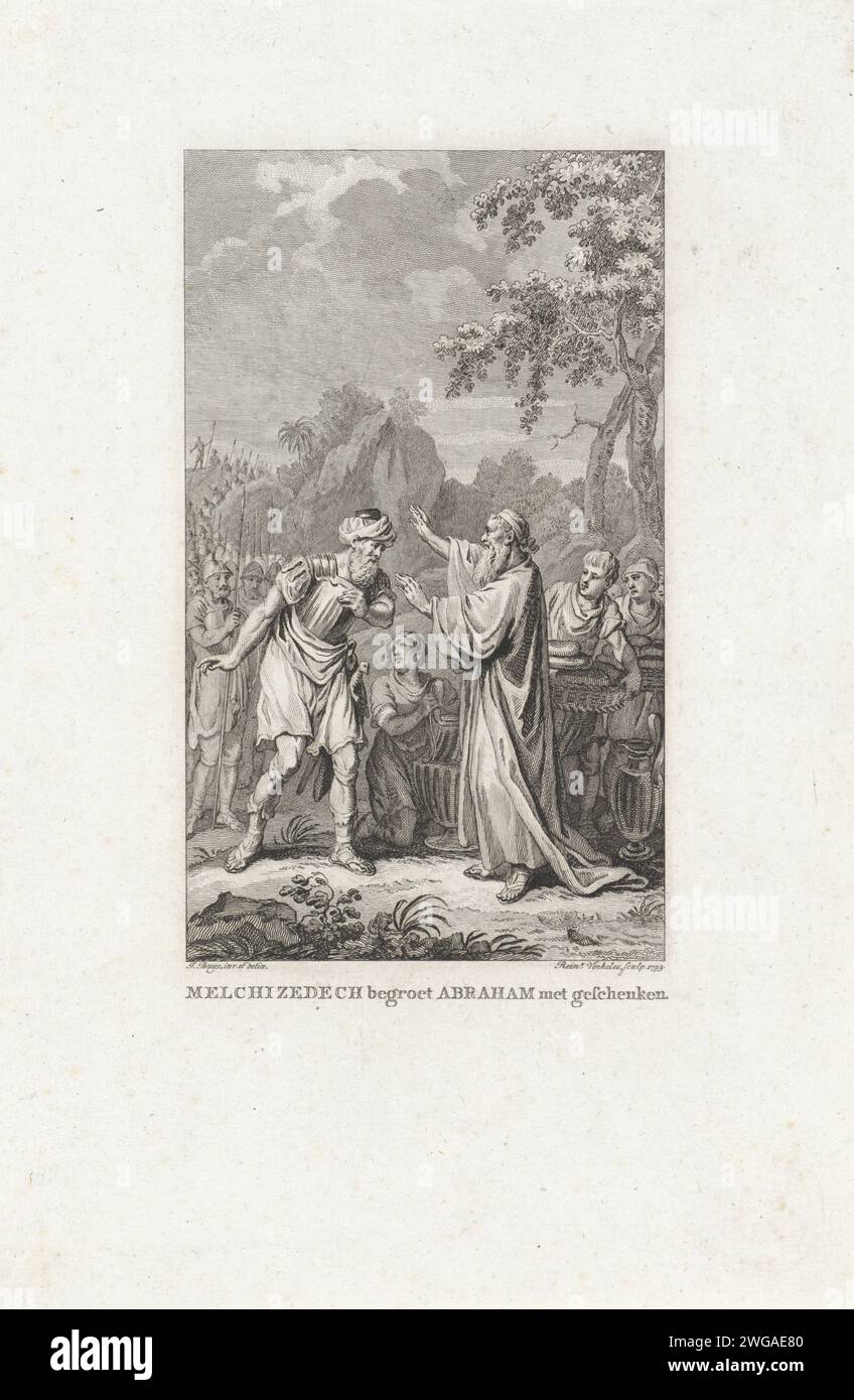 Abraham rencontre Melchizédek, Reinier Vinkeles (I), après Jacobus achète, 1793 print Abraham rencontre le roi et grand prêtre Melchisédek à Salem. Il apporte du pain et du vin et bénit Abraham. Amsterdam papier gravure / gravure la rencontre d'Abraham et Melchizédek, le grand prêtre et roi de Salem, qui apporte pain et vin (Genèse 14:18-20) Banque D'Images