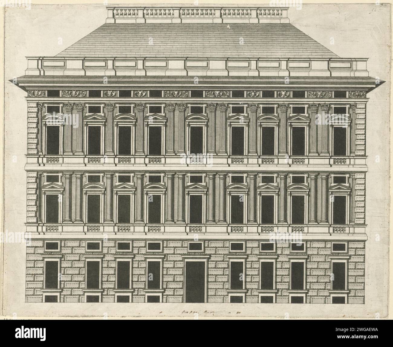 Palazzo Patrone, Nicolaes Ryckmans (attribué à), façade imprimée en 1622 du Palazzo Patone (Comando Militare Regional Liguria), situé sur le Largo della Zecca à Gênes. Le Palazzo a été construit entre 1619 et 1623 pour Giacomo Lomellini, doge van Gênes. Anvers gravure papier façade (de maison ou bâtiment) genou Banque D'Images