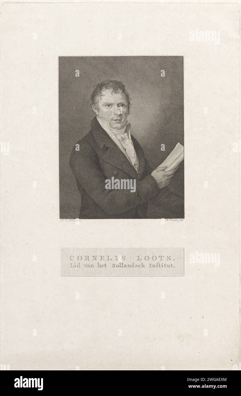 Portrait de Cornelis Loots, Reinier Vinkeles (I), d'après Adriaan de Lelie, tirage de 1813 Portrait du poète Cornlis Loots, avec une feuille de papier à la main, en tant que membre de l'Institut Hollands. Papier à graver Amsterdam (matériel d'écriture) Banque D'Images
