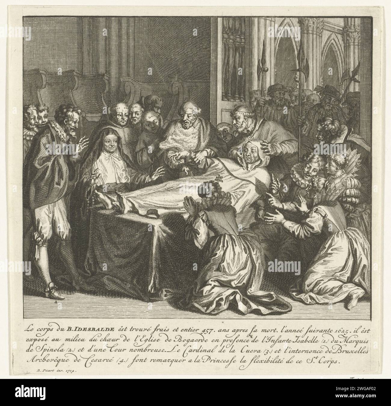 Corps non digéré de Saint Idesbald, 1625, 1714 imprimer le corps merveilleusement non digéré du béatifié Idesbald van Ter Duinen, enterré en 1167 et trouvé en 1625 (ou 13 novembre 1623) dans l'abbaye de notre-Dame Ten Duinen à Koksijde et exposé dans l'Abbeyhoeve ten Bogaerde. Un groupe de spectateurs a été rassemblé autour du corps sur un lit de jetée, dont Isabella Clara Eugenia et Spinola. Avec légende de 4 lignes en français. Papier nord des pays-Bas gravure de saints mâles (avec NOM). ouverture de la tombe, exhumation Banque D'Images
