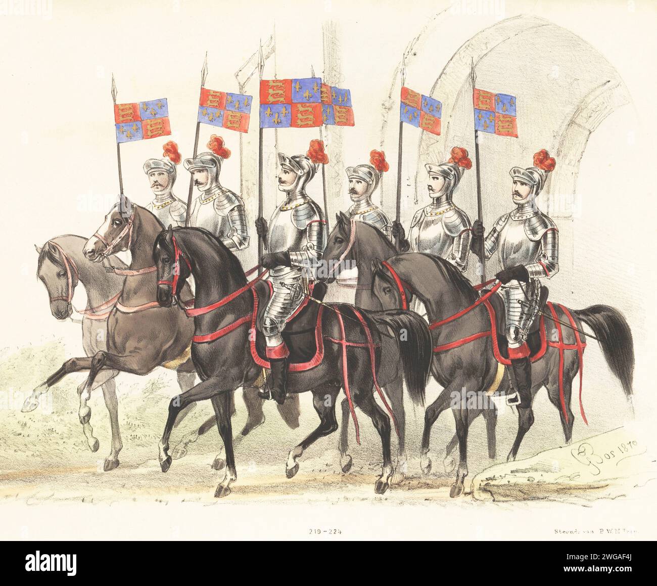 Costume d'un peloton de chevaliers anglais en casques à plumes et armure complète à cheval avec bannières, 219-224. Engelsche Ruiters. Lithographie coloriée à la main de Pieter Willem Marius Trap d'après une illustration de Gerardus Johannes Bos dans Maskerade, Leiden 1870, (Mascarade des étudiants de Leiden 1870), reconstitution historique de la visite de Robert Lord Dudley, Baron von Denbigh, comte de Leicester, et d'autres à l'université de Leiden 1586, publiée par Jac. Hazenberg Cornsz, Leiden, 1870. Banque D'Images