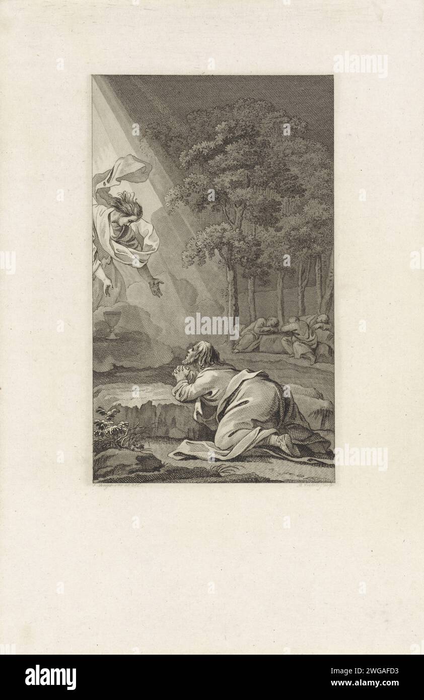 Christ dans le Hof van Getsemane, Reinier Vinkeles (I), après Jacobus achète, 1797 print Christ prie Dieu dans la cour de Getsemane. Dans le ciel nuageux un ange avec une fausse couche. Trois étudiants Peter, James et Johannes sont en arrière-plan. Amsterdam papier gravure / gravure prière du Christ dans le jardin de Gethsémani pendant la nuit. Agonie du Christ ; trois (ou onze) apôtres dormant Banque D'Images