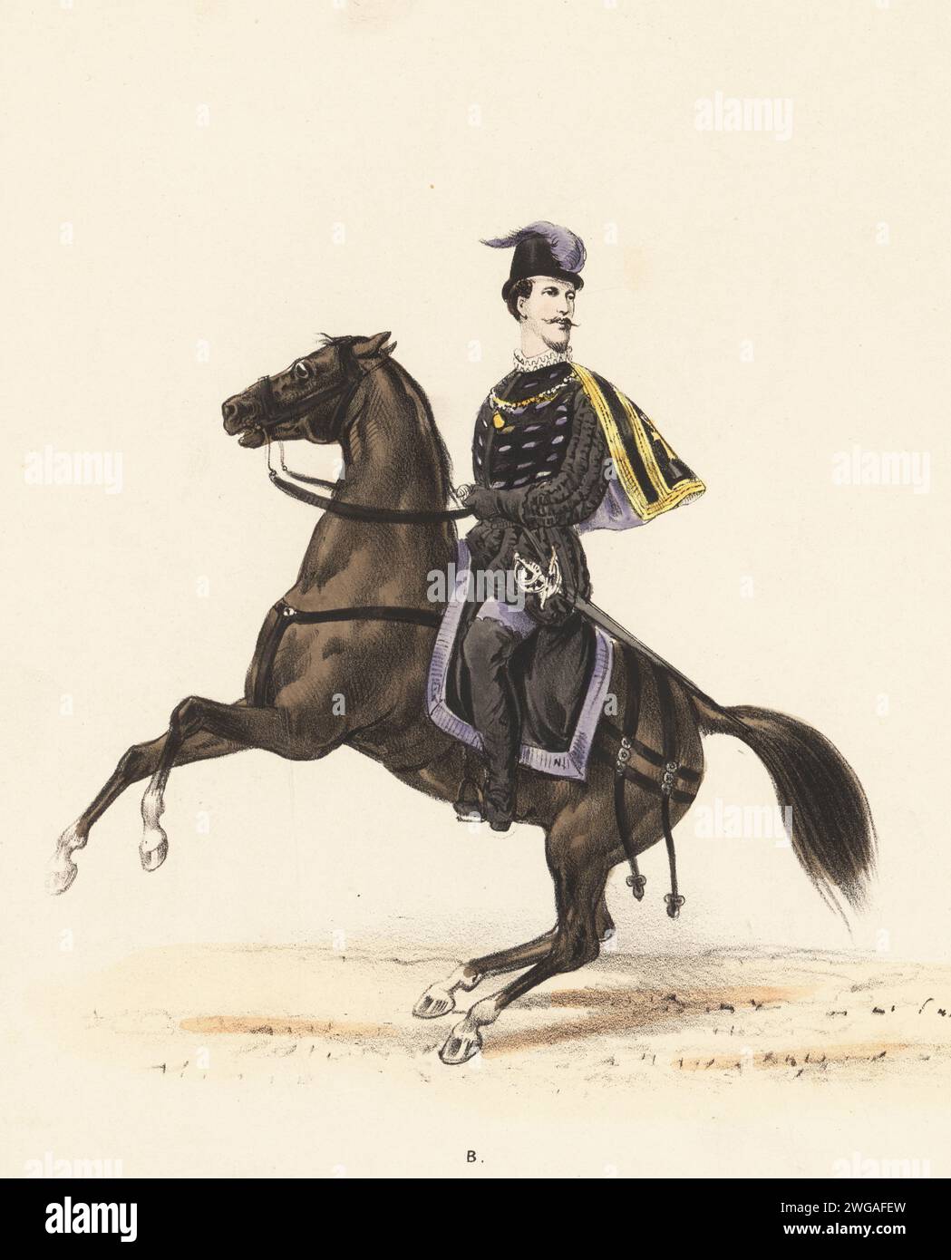 Costume de William Davison, secrétaire d'État élisabéthain anglais, 1541-1608. A cheval en bonnet à plumé, cape courte, doublet, culottes et bottes. Lithographie coloriée à la main de Pieter Willem Marius Trap d'après une illustration de Gerardus Johannes Bos dans Maskerade, Leiden 1870, (Mascarade des étudiants de Leiden 1870), reconstitution historique de la visite de Robert Lord Dudley, Baron von Denbigh, comte de Leicester, et d'autres à l'université de Leiden 1586, publiée par Jac. Hazenberg Cornsz, Leiden, 1870. Banque D'Images