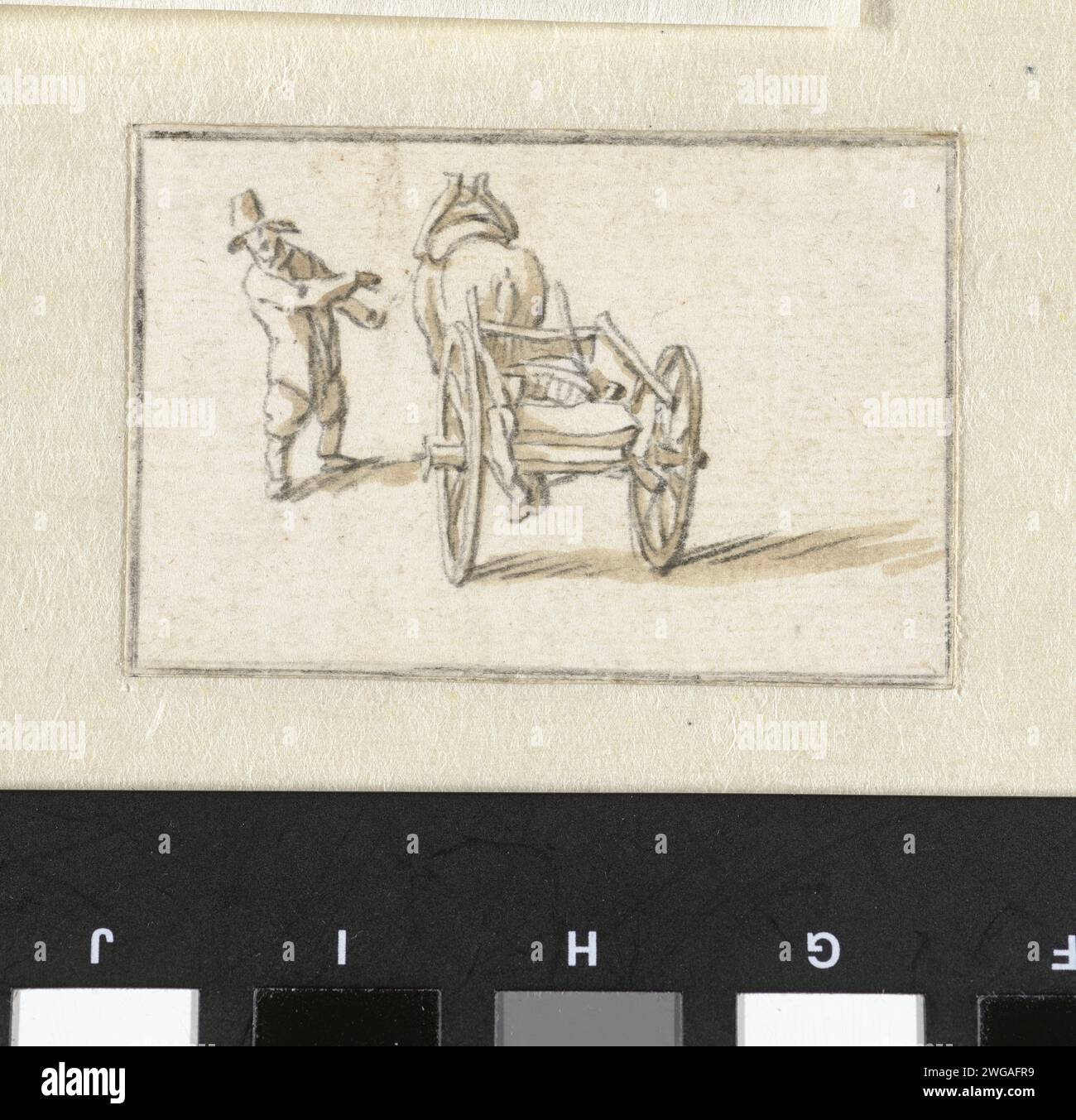 Homme debout à côté d'un cheval avec une voiture, Herman Saftleven, 1619 - 1685 papier à dessin. chariot de brousse (ferme), wagon de marchandises, chariot. figurine debout Banque D'Images