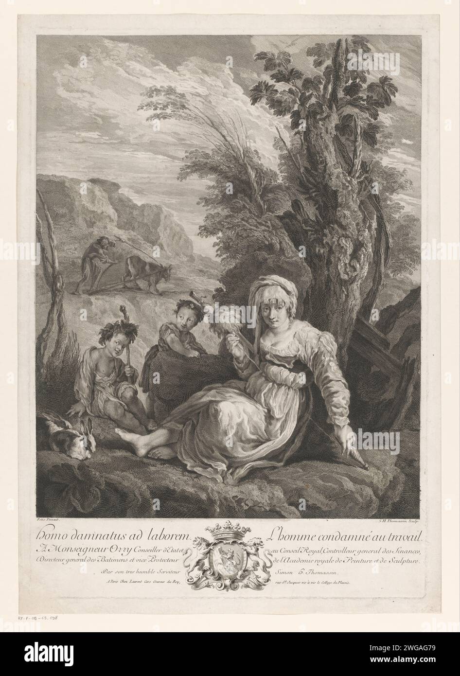 Homme condamné à travailler, Simon Henri Thomassin, d'après Domenico Feti, 1709 - 1741 print Paysage avec au premier plan une femme avec spintol près d'un arbre et à côté de ses deux enfants. Un homme laboureur en arrière-plan. Broche de gravure de papier Paris. champ labouré. Les travaux d'Adam et Ève ; l'enfance de Caïn et Abel (Genèse 4:1-2) Banque D'Images