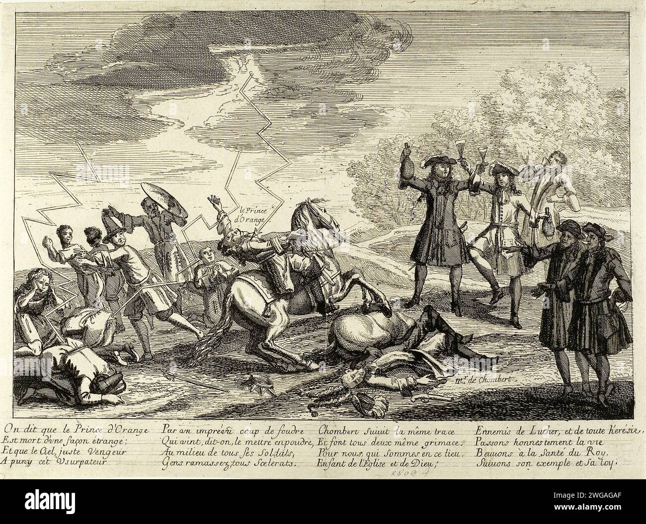 Sur ce que le prince d'Orange.le prince d'Orange à cheval, affecté par la foudre, imprimé anonyme Cartoon : le Prince d'Orange à cheval, affecté par la foudre. Sur la droite, encouragements messieurs. gravure sur papier / gravure Banque D'Images