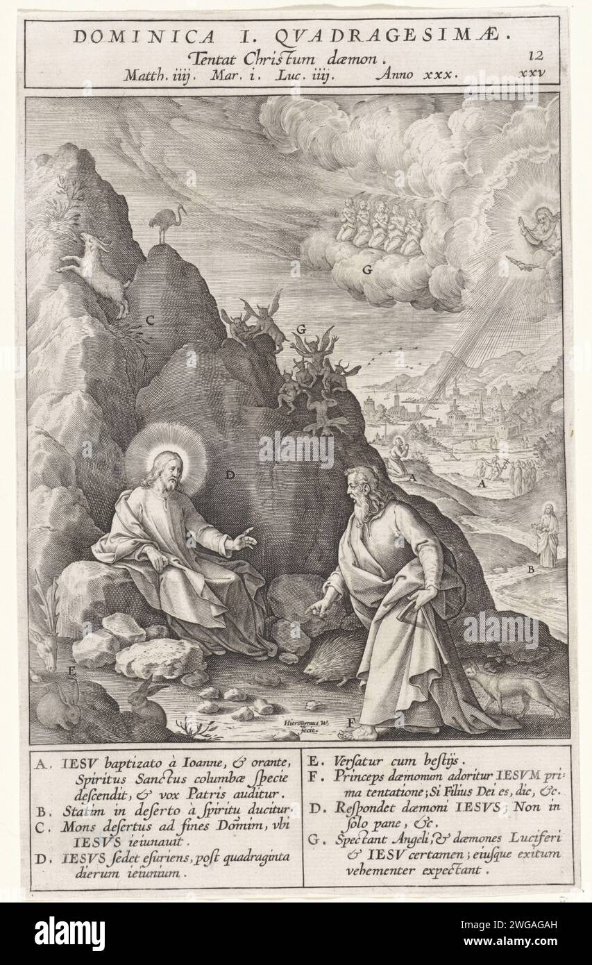 Christ dans le Wilderern, Jérôme Wierix, d'après Bernardino passer, 1593 imprimer Christ est testé par le diable dans le désert. Le diable lui demande de changer les pierres en pains. En arrière-plan, Christ prie Dieu le Père dans le ciel, le Saint-Esprit tombe sur lui. Divers éléments de la performance sont des lettres qui correspondent à la légende dans la marge. La gravure sur papier d'Anvers « ordonne à ces pierres de devenir des miches de pain »  tentation du Christ dans le désert. Christ priant (en général), par exemple : dans le désert. Saint-Esprit représenté comme une colombe (en flammes) Banque D'Images
