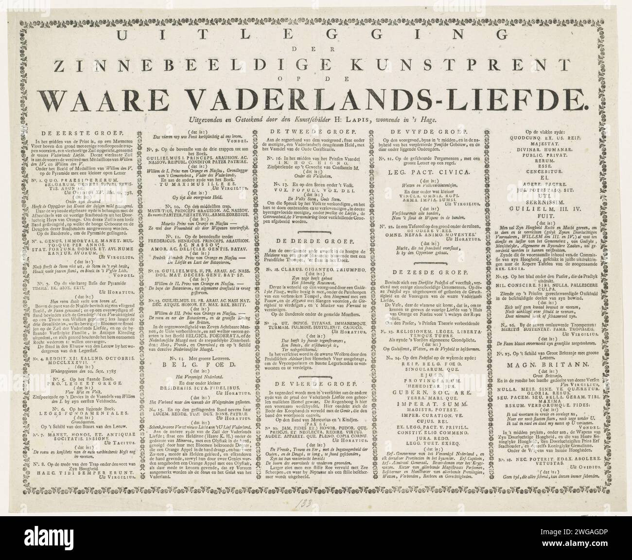Explication de l'allégorie sur le vrai patriotisme, 1788, Anonyme, Hieronymus Lapis, 1788 feuille de texte feuille de texte avec une déclaration de la présentation de l'allégorie à l'occasion de la récupération de Stadholder Willem V en 1788. Texte en cinq colonnes, avec bord décoratif. Impression typographique papier de la Haye Banque D'Images