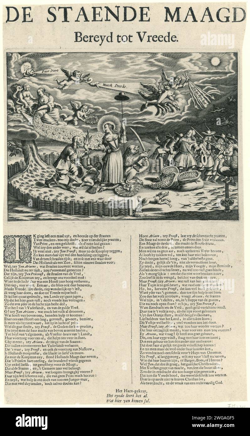Représentation allégorique du jardin hollandais dans laquelle Willem III explique son amour à la Vierge néerlandaise, 1672, Anonyme, 1672 imprimer représentation allégorique du jardin hollandais dans laquelle Guillaume III explique son amour à la Vierge hollandaise, 1672. Une armée de sauterelles coule de l'Oranjeboom ; droit des citoyens armés, laissant de grands sacs avec de l'argent derrière. Différentes figures allégoriques volent dans les airs. Sur la droite se trouve un coq sur un bâton. Sous le spectacle se trouve un verset hollandais de deux colonnes au-dessus de la désignation 'le Haen-Kray'. Le verset est une consultation entre Jan Provoost (ou Cheers) et Jan Banque D'Images