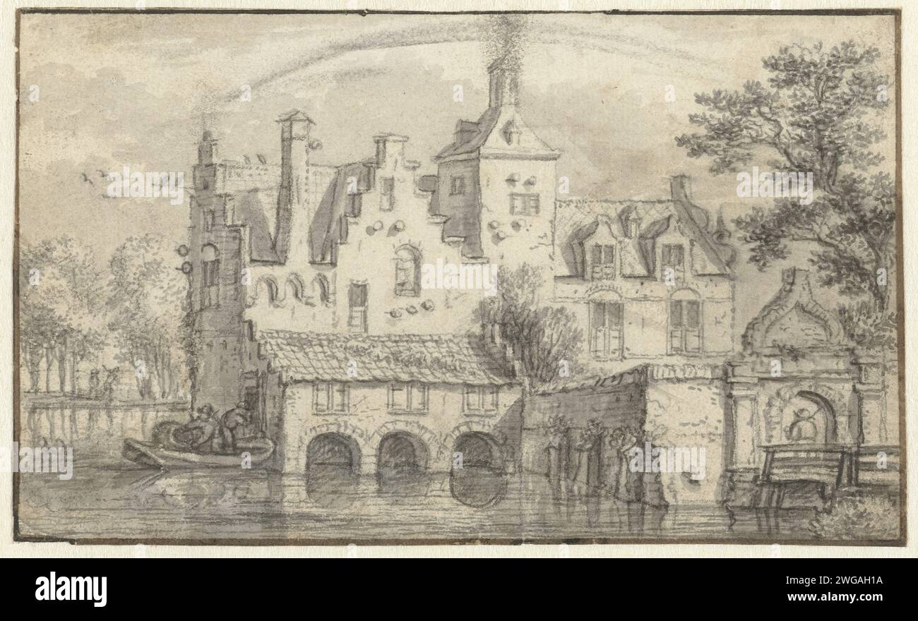 Vue d'un château entouré d'eau, Jan van Kessel (cercle de), c. 1660 - c. 1670 papier à dessin. encre. stylo à craie / château de brosse. château Banque D'Images