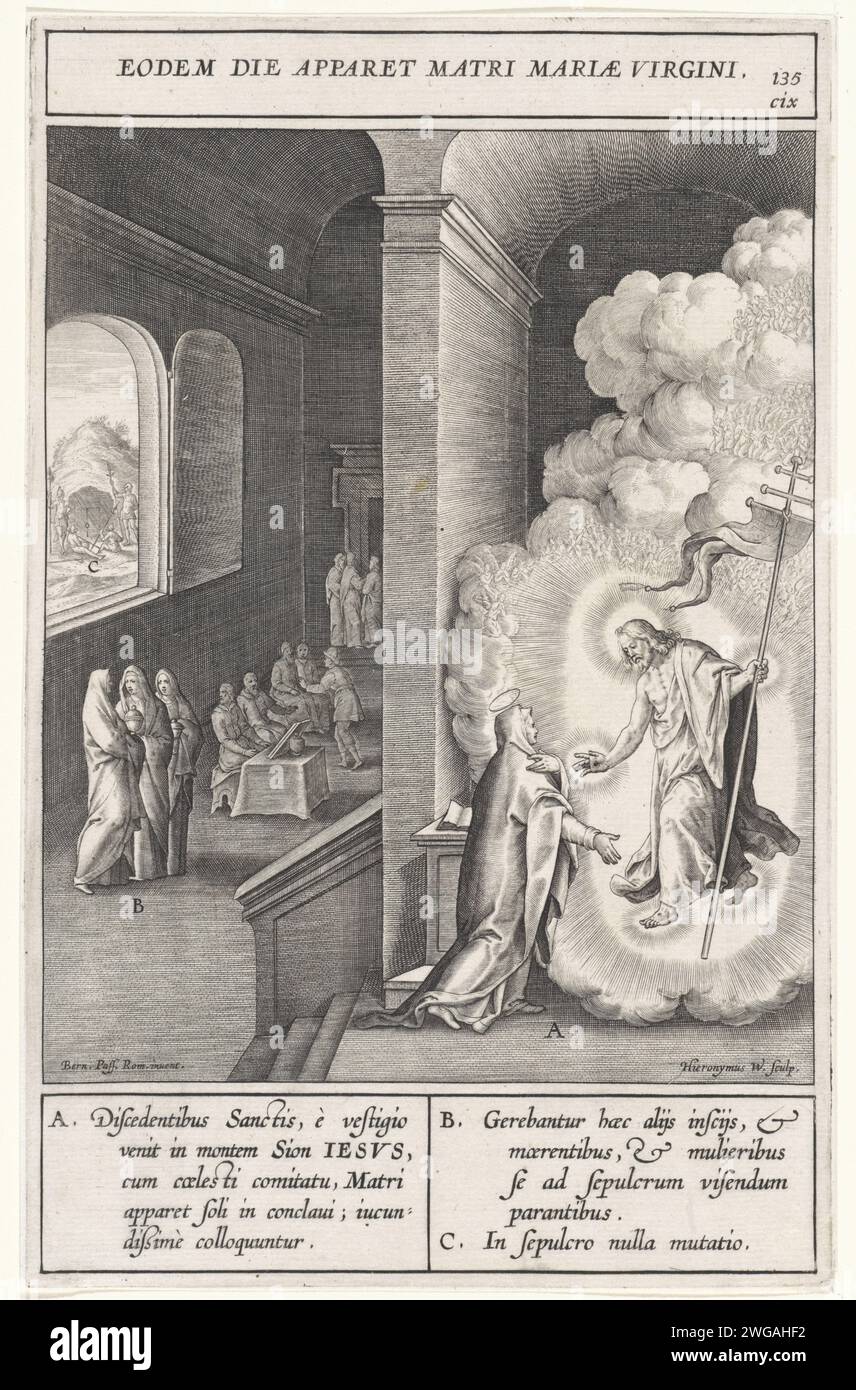 Christ apparaît à Maria, Hieronymus Wierix, d'après Bernardino Passeri, 1593 imprimer Christ apparaît à sa mère Marie après sa mort. Il est entouré de nuages et tient une croix -bâton avec une bannière dans sa main. A gauche en arrière-plan les trois Maria avec pot de pommade. Divers éléments de la performance sont des lettres qui correspondent à la légende dans la marge. Anvers gravure sur papier Christ, peut-être habillé en pèlerin, apparaissant à sa mère, qui est habituellement montrée en train de prier. Les femmes saintes (les trois Maries) sur leur chemin vers ou au tombeau, pour oindre le corps du Christ Banque D'Images