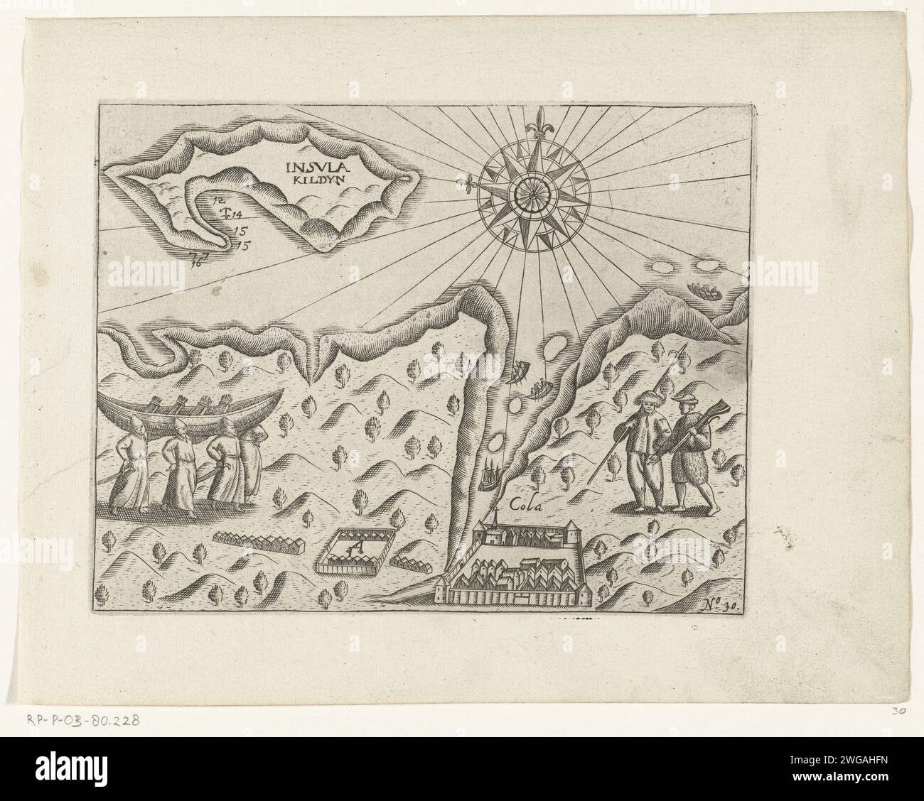 Carte du Riadmond avec la ville de Kola, 1597, 1615 - 1617 imprimer carte du Rialdon avec la ville de Kola près de Mourmansk, où les deux bateaux sont arrivés le 25 août 1597. Les deux bateaux naviguent sur la rivière où le navire est mûr pour l'ancre. Sur la terre quatre Russes qui prennent un bateau sur leurs épaules et deux chasseurs. Copies des illustrations originales du voyage de Willem Barendsz et Jacob van Heemskerck en 1596-1597 et du séjour sur l'île de Nova Zembla, no 30. Nord des pays-Bas gravure sur papier exploration, expédition, voyage de découverte. paysages en polaire reg Banque D'Images