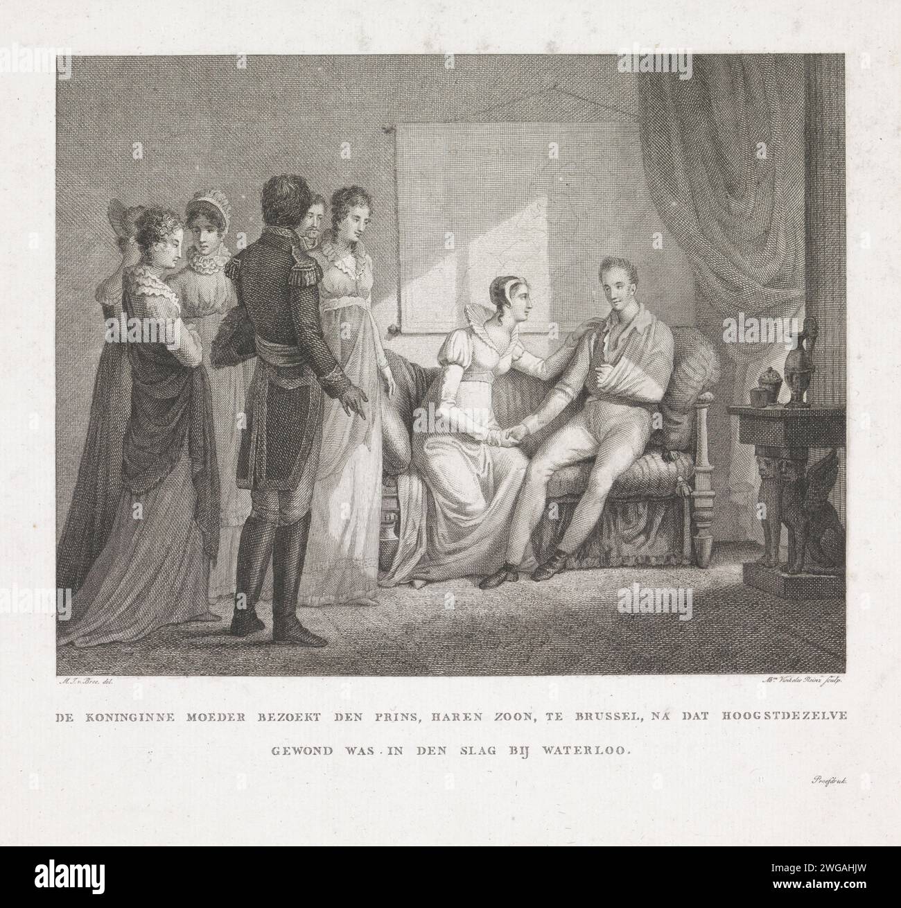 La reine rend visite au prince blessé à Bruxelles, 1815, Abraham Vinkeles, d'après Mattheus Ignatius van Bree, 1815 - 1816 imprimer la reine Wilhelmina van Pruisen rend visite à son fils Willem Frederik George, prince d'Orange à Bruxelles, blessé lors de la bataille de Waterloo le 18 juin 1815. Fait partie d'un groupe d'illustrations des événements autour et pendant les batailles de quatre-bras et Waterloo , 16-18 juin 1815. Pays-Bas papier gravure / gravure aide médicale et soins infirmiers des malades et des blessés. Visiter les malades à l'hôpital Waterloo Banque D'Images