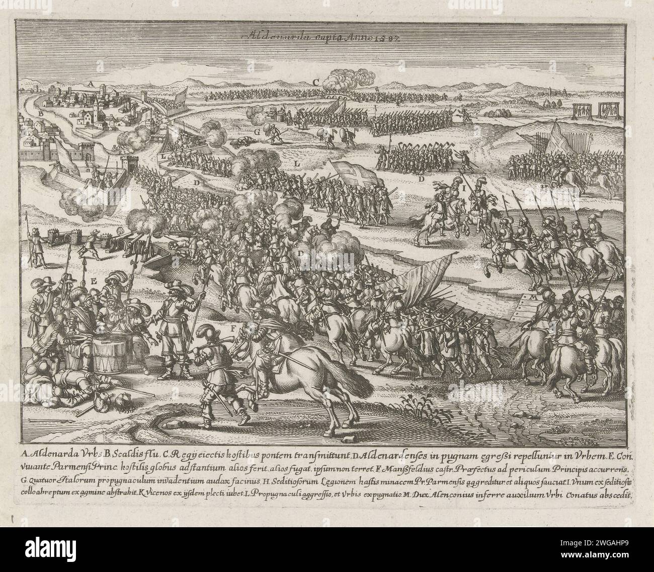 Prise d'Oudenaarde, 1582, 1649 - 1651 imprimer Siège et prise d'Oudenaarde, 5 juillet 1582. Sur la gauche, le duc de Parme disparaît merveilleusement indemne après qu'un coup de canon tue ses compagnons de table. Dans la légende de Legenda A-M en latin. Rome papier gravure capture de la ville (après le siège) Oudenaarde Banque D'Images