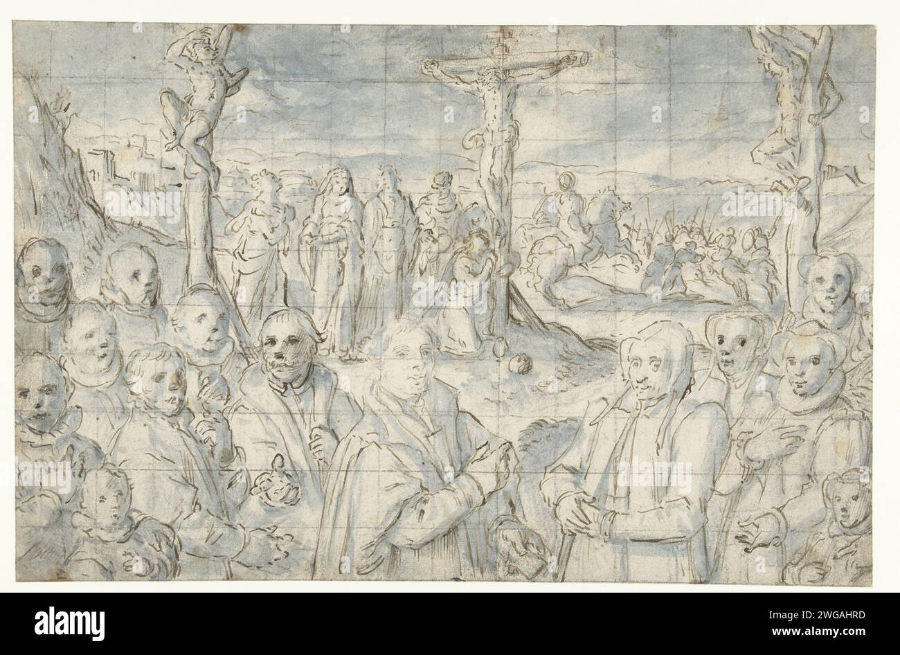 Crucifixion avec un fondateur et sa famille, Aert Pietersz., 1585 - 1590 papier à dessin. Stylo à encre / brosse la crucifixion du Christ : la mort du Christ sur la croix ; Golgotha (Matthieu 27:45-58, Marc 15:33-45, Luc 23:44-52, Jean 19:25-38) Banque D'Images