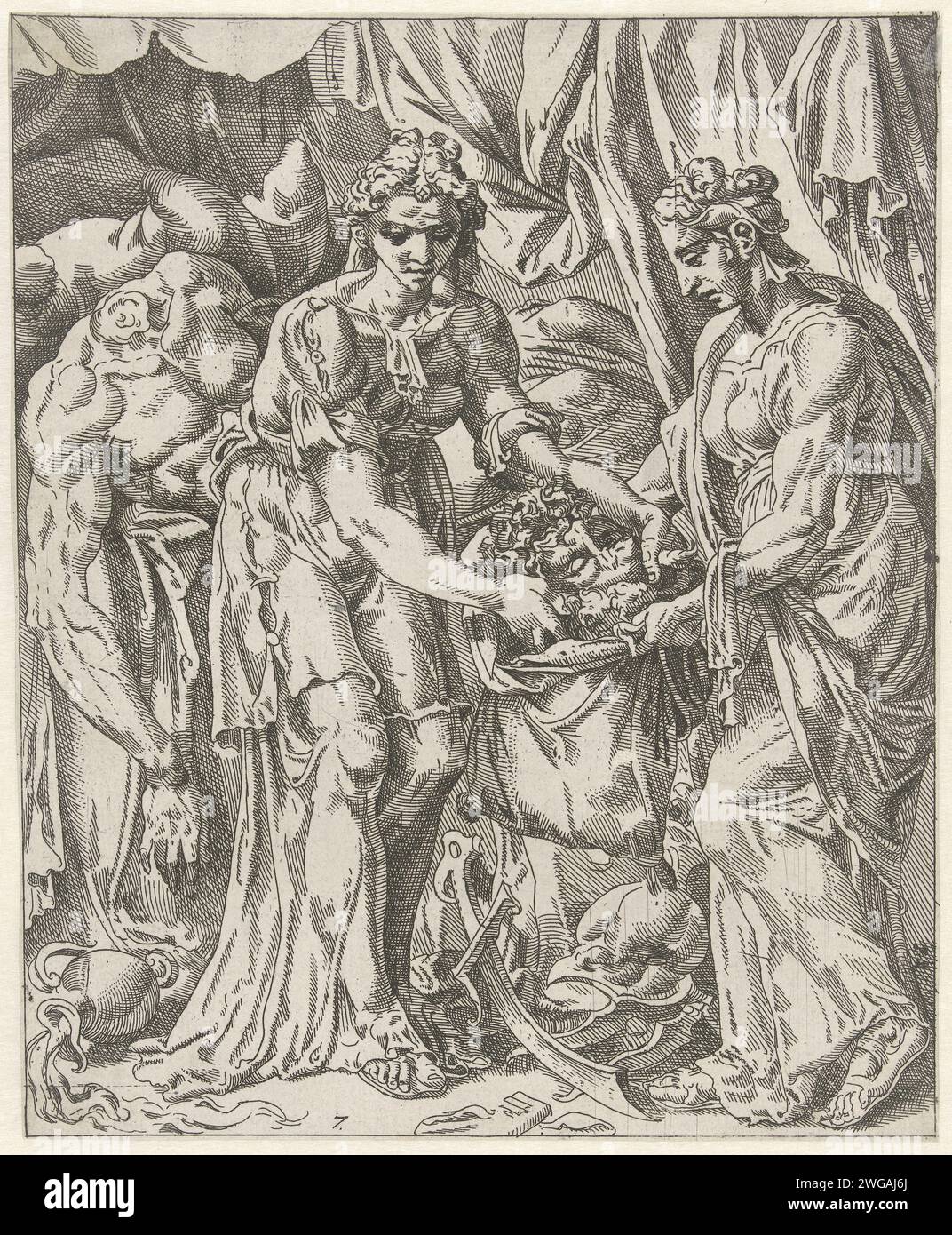 Judit met la tête d'Holophernes dans un sac, Dirck Volckertsz. Coornhert (attribué à), d'après Maarten van Heemskerck, c. 1547 - c. 1559 print Judit met la tête sculptée d'Holophernes dans un sac qui garde sa servante ouverte pour elle. L'estampe fait partie d'une série de huit parties qui raconte l'histoire de Judit et Holophernes. Haarlem papier gravure Judith et sa servante ont mis la tête d'Holophernes dans un sac Banque D'Images