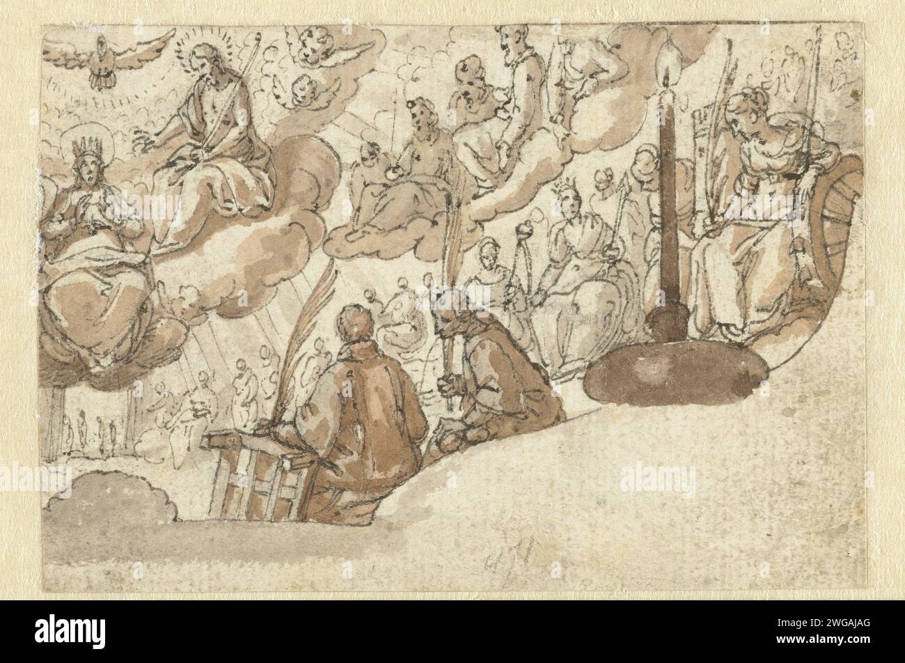 Trône Marie au ciel entouré de saints, Augustin Braun (attribué à), 1600 - 1699 dessin possible pour une impression. papier. Stylo à encre / pinceau 'Immaculata', 'Purisima' : Marie avec des saints. Marie s'est intronisée Banque D'Images