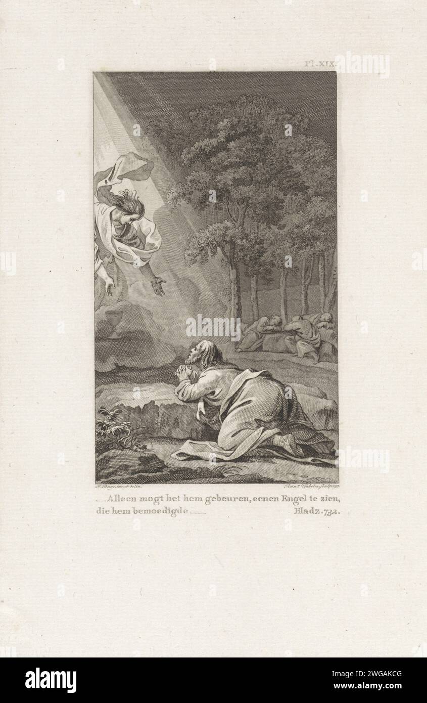 Christ dans le Hof van Getsemane, Reinier Vinkeles (I), après Jacobus achète, 1797 print Christ prie Dieu dans la cour de Getsemane. Dans le ciel nuageux un ange avec une fausse couche. Trois étudiants Peter, James et Johannes sont en arrière-plan. Amsterdam papier gravure / gravure prière du Christ dans le jardin de Gethsémani pendant la nuit. Agonie du Christ ; trois (ou onze) apôtres dormant Banque D'Images