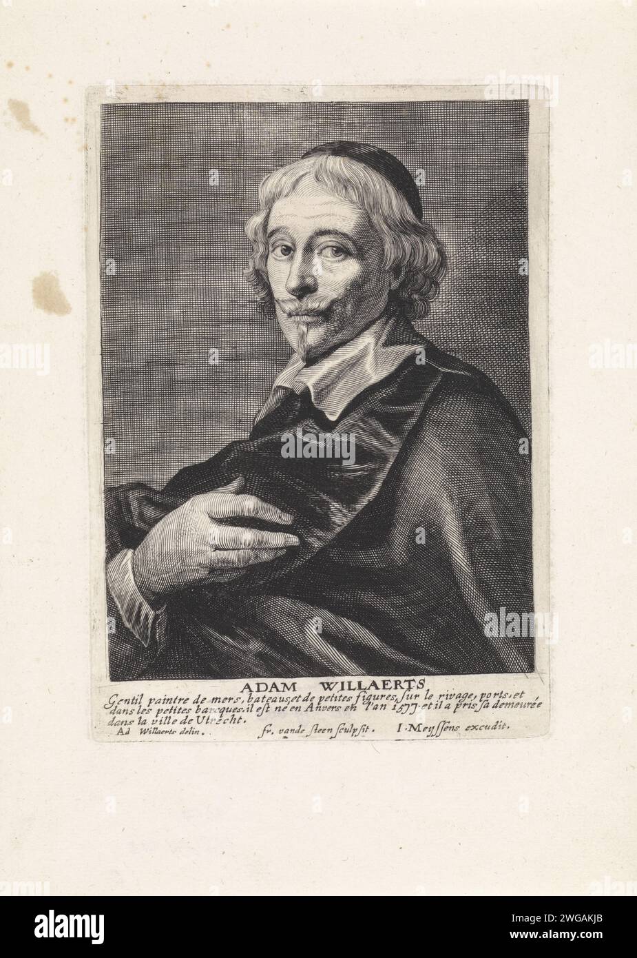Portrait d'Adam Willaerts, Frans van der Steen, d'après Adam Willaerts, tirage 1649 Portrait d'Adam Willaerts, peintre marin à Utrecht. Au bas de la marge, un texte de trois lignes en français. Gravure sur papier Anvers Banque D'Images