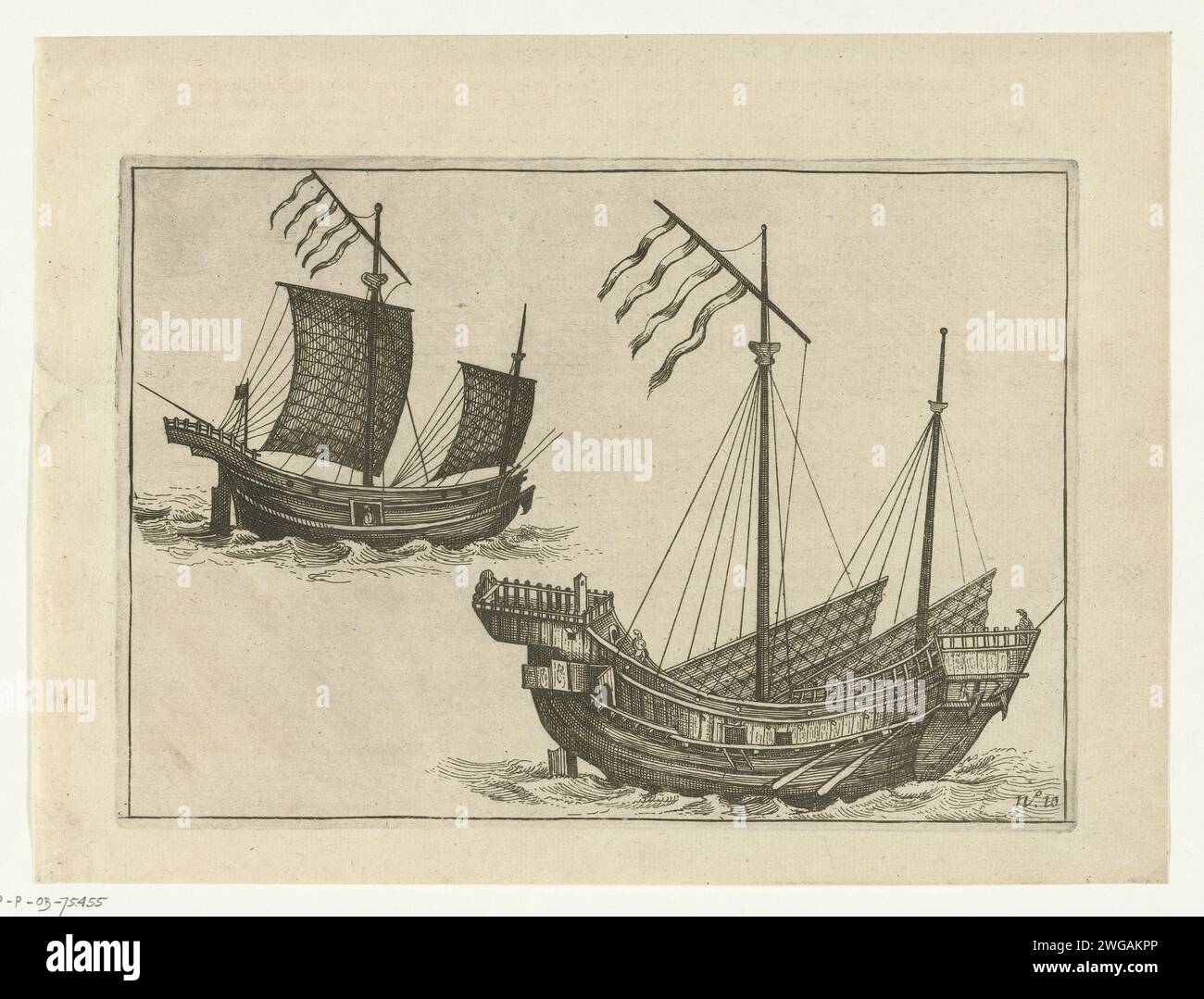Twee Chinois jeune, 1607, 1644 - 1646 imprimer deux jonques chinoises, dans les environs de l'île de Lamao (Lamma?) En route pour Kanton, août 1607. En haut à droite dans un cartouche la vue sur la mer. Partie des illustrations du rapport de la tournée de Cornelis Matelief de Jonge pour le VOC aux Indes orientales et en Chine, 1605-1608, n° 10. Exploration de gravure sur papier du nord des pays-Bas, expédition, voyage de découverte. paysages dans les régions tropicales et subtropicales. Navires (en général) (+ propulsion de véhicule, navire, etc. Par vent) Canton Banque D'Images