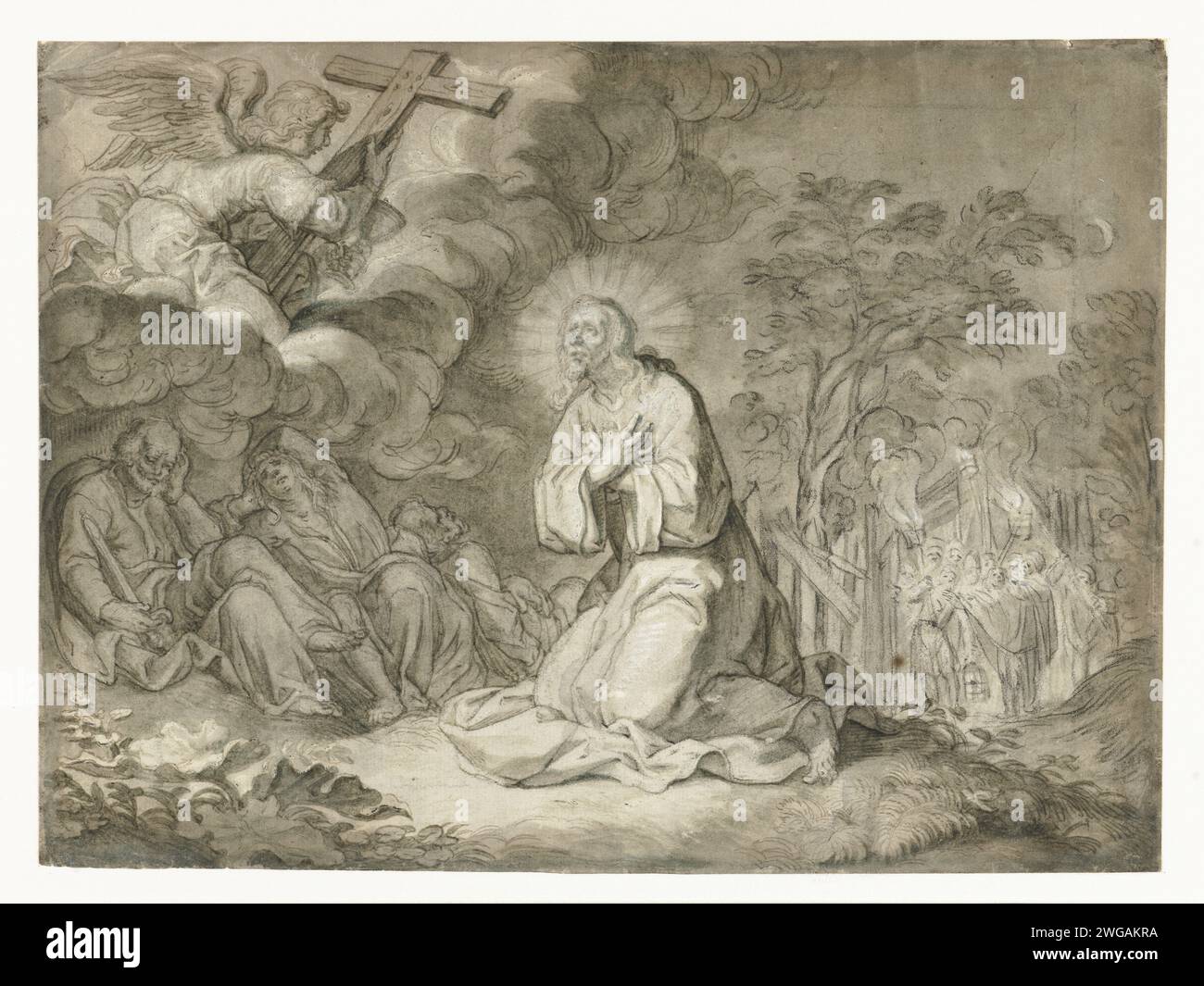 Christ dans le Hof van olives, Pieter de Jode (I), 1580 - 1634 papier à dessin. peinture pour terrasse. encre. Crayon à craie / brosse les apôtres endormis (seul)  jardin de Gethsémani Banque D'Images