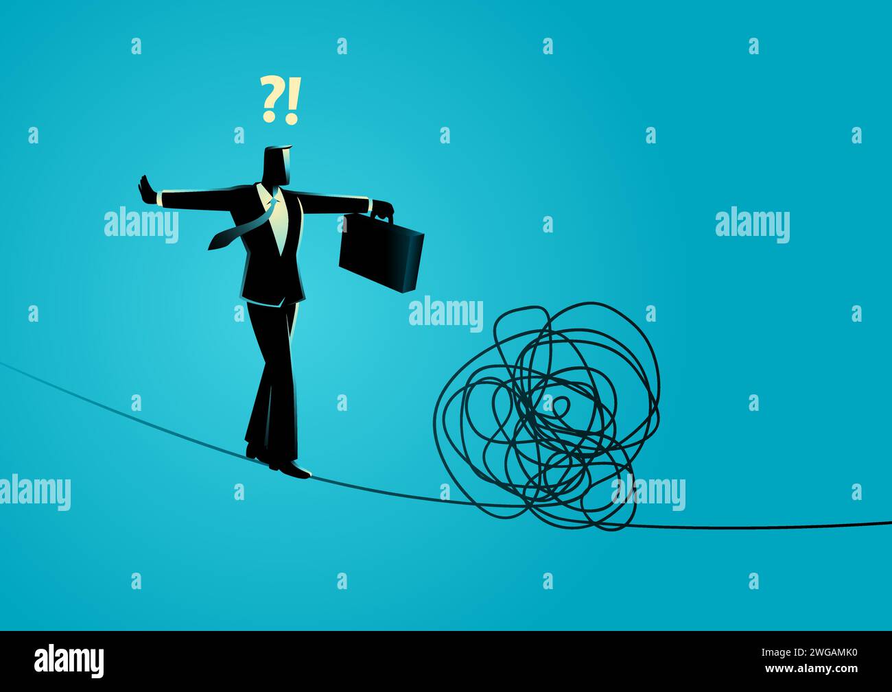 Homme d'affaires marchant prudemment sur une corde et faisant face à une corde emmêlée devant lui, surmontant l'adversité, les problèmes devant l'illustration vectorielle Illustration de Vecteur