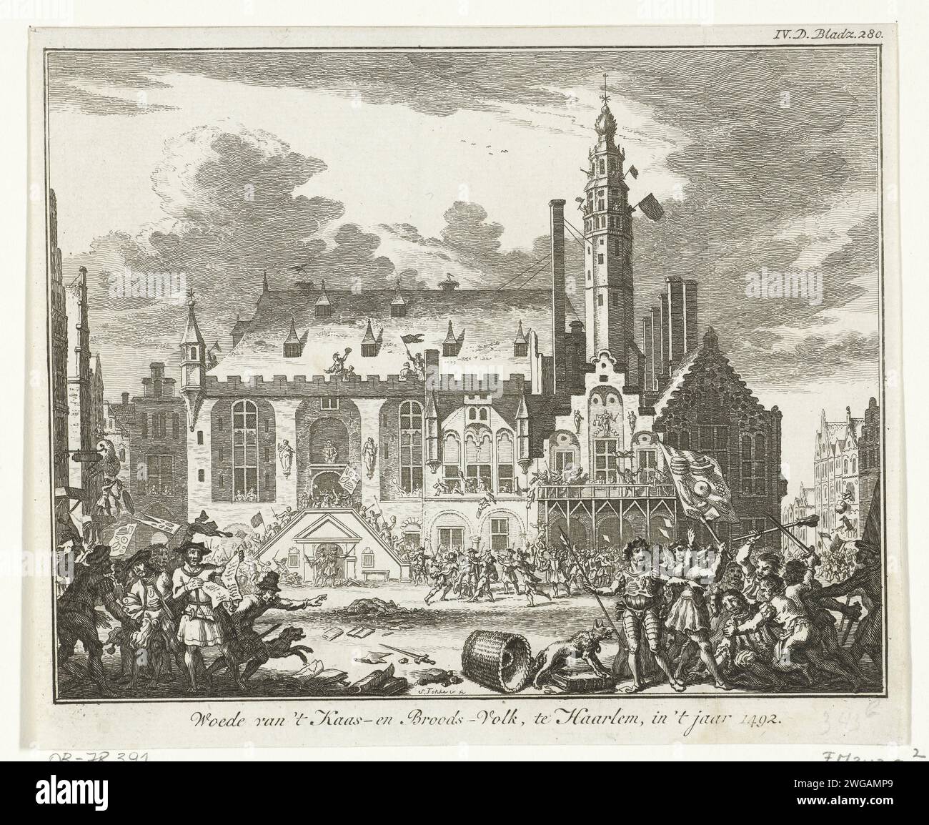 Soulèvement des gens du fromage et du pain à Haarlem, 1492, 1749 - 1799 tirage soulèvement des gens du fromage et du pain à Haarlem, 1492. Émeutes des fermiers sur le Grote Markt, la mairie est pillée. L'huissier Claes van Ruyven est assassiné à droite. Nord des pays-Bas gravure papier combats de rue, émeutes. Mort violente, être tué ; être maltraité et maltraité ; chercher la mort Haarlem Banque D'Images