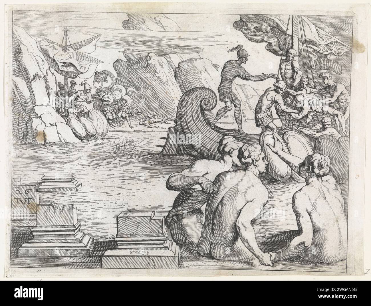 Odysseus et le Sirenen, Theodoor van Thulden, d'après Francesco Primaticcio, 1632 - 1633 impression au premier plan le chant Sirenen, qui a navigué les marins à leur chute. Odysseus a été attaché au mât et ses hommes gardent le cap, en ayant fermé leurs oreilles pour ne pas entendre le chant. En arrière-plan, le navire d'Odysseus passe devant le monstre marin Scylla, qui dévore six de ses hommes. Paris gravure sur papier Ulysse, attaché au mât de son navire, passe devant les sirènes. Ulysse passe Scylla et Charybde ; Scylla dévore six de ses hommes Banque D'Images