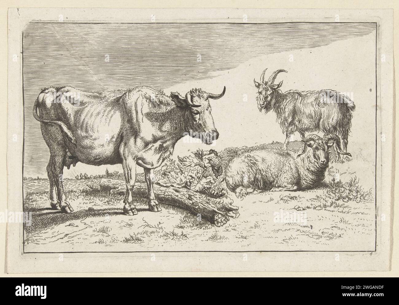 Vache debout avec corne tordue avec un mouton et une chèvre, anonyme, d'après Nicolaes Pietersz Berchem, d'après Paulus Potter, 1635 - 1733 print pays-Bas papier gravure vache Banque D'Images