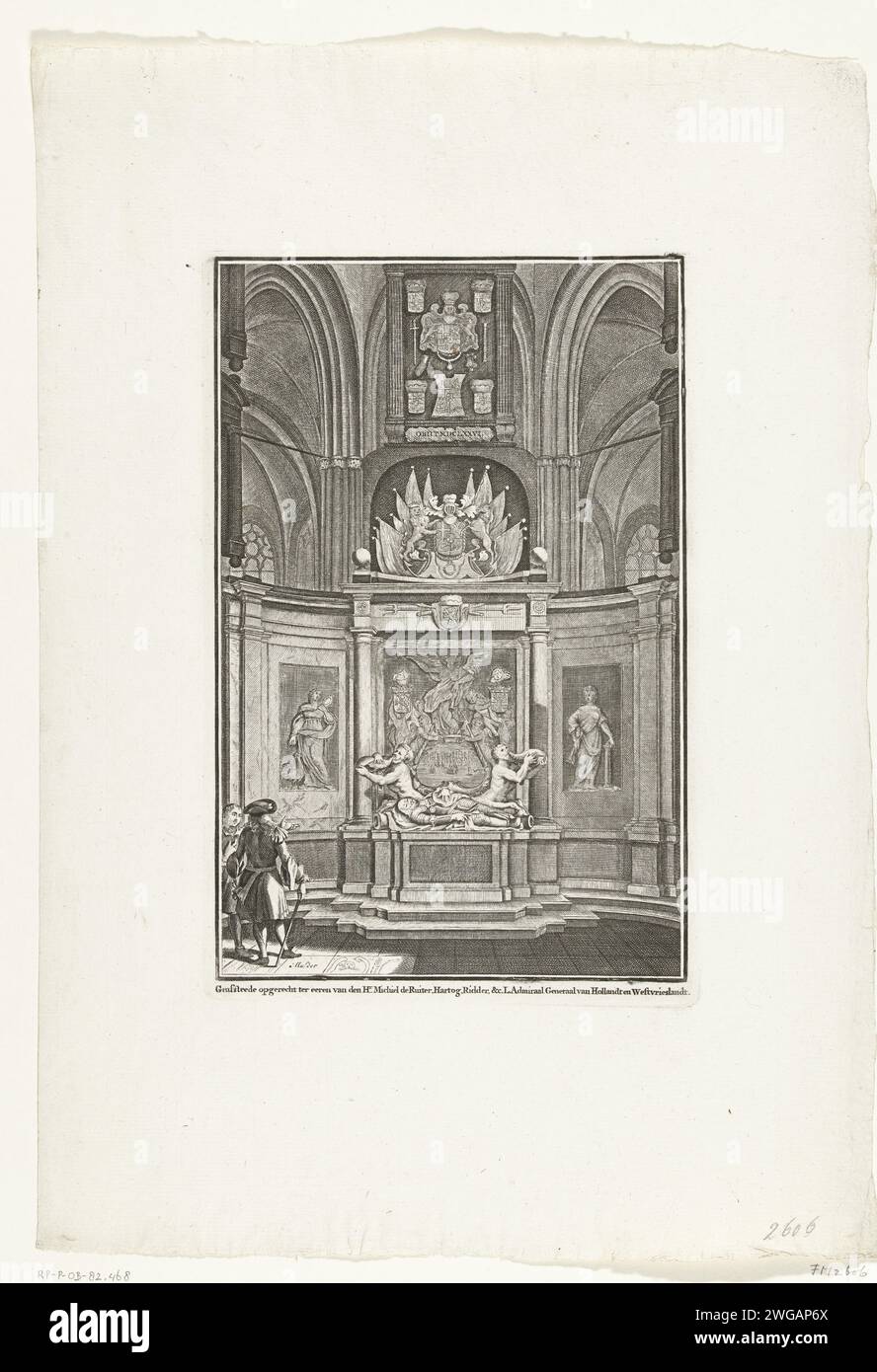 Tombe de Praal de Michiel de Ruyter dans le Nieuwe Kerk à Amsterdam, 1687 - 1726 print Michiel Adriaansz's Boils. De Ruyter dans le chœur de la Nieuwe Kerk à Amsterdam. Le lieutenant-amiral général de Hollande et de Frise-Ouest a été enterré le 18 mars 1677. Deux visiteurs sur la gauche. Imaginé en haut à droite : p. 1010. Amsterdam gravure sur papier / gravure tombe-bâtiment, tombe monumentale. intérieur de l'église nouvelle église Banque D'Images