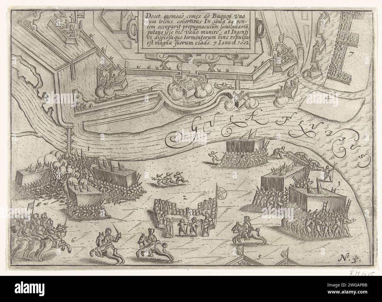 Siège d'Ostende : prise par Bucquoy le 7 janvier 1602, 1615 imprimer Siège d'Ostende : prise des défenses d'Ostende par les troupes espagnoles sous le comte de Bucquoy le 7 janvier 1602. Batailles en bas à gauche au Lunet de l'autre côté de la Geule, au milieu d'un cartouche avec un cap en latin. Numéroté en bas à droite : 5. gravure sur papier / gravure siège, position guerre. Bataille (+ forces terrestres) Ostende Banque D'Images