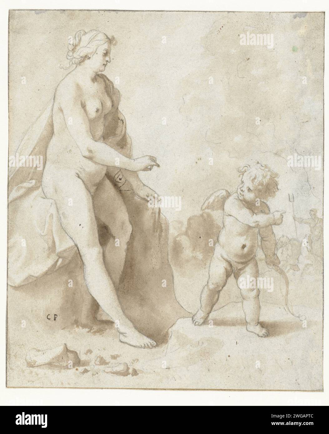 Vénus et Amor, Cornelis van Poelenburch, 1600 - 1636 dessinant Vénus et Amor, en arrière-plan Neptune avec trois chevaux. Conception pour une impression. papier. Pinceau Vénus et Cupidon (Cupidon n'étant pas un simple attribut). Vénus et Cupidon (Cupidon n'étant pas un simple attribut) Banque D'Images