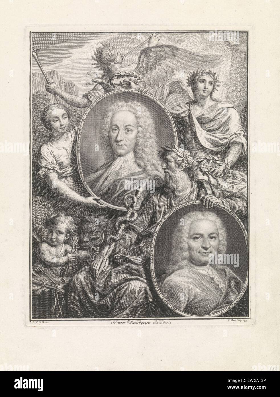 Portraits de Lorenz Heister et Hendrik Ulhoorn, Pieter Tanjé, d'après Louis Fabritius Dubourg, 1739 figures allégoriques imprimées avec des couronnes de Laurier sur la tête montrent les portraits du chirurgien et professeur allemand Lorenz Heister et du chirurgien d'Amsterdam Hendrik Ulhoorn. Ulhoorn a traduit et édité le livre de Heister Surgery substitutions from German. Au sommet souffle la gloire sur la louange. Aesculapius, le dieu de la santé et de la médecine tient un singe escula dans une main et montre le portrait d'Ulhoorn avec l'autre. Sur la gauche un putto avec des instruments chirurgicaux et un miroir avec un serpent, comme un symbole de Banque D'Images
