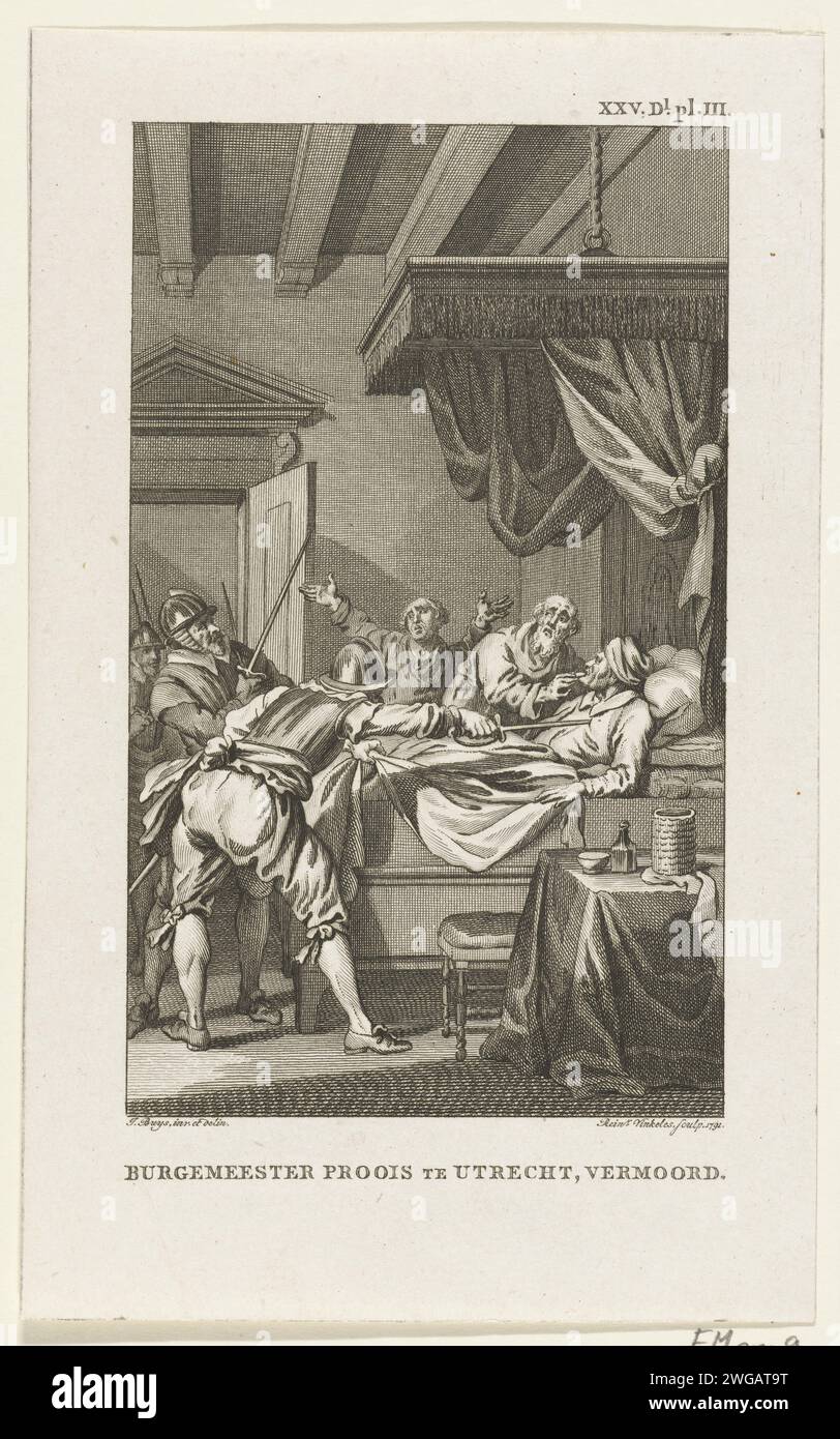 Maire Beert Proys à Utrecht, meurtre, 1425, 1791 imprimer maire Beernt Proys à Utrecht, tué dans son lit, 1425. Papier néerlandais mordant la mort violente, être tué ; être mal manipulé et maltraité ; chercher la mort Utrecht Banque D'Images