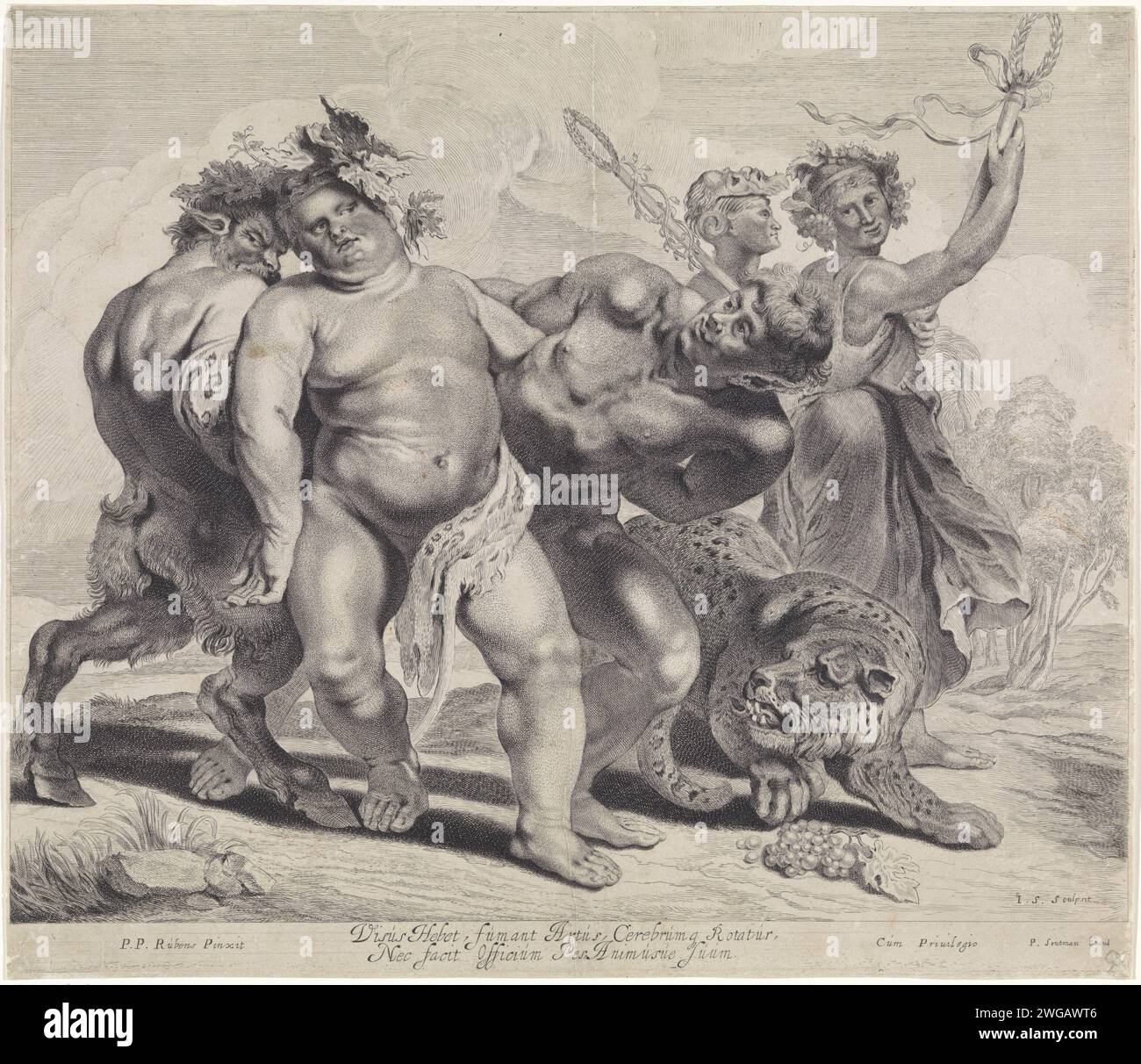 Bacchus ivrogne, Jonas Suyderhoef, d'après Peter Paul Rubens, 1644 - 1650 print le Bacchus ivre est soutenu par deux saters. Il n'est habillé que d'un drap de tigre. A droite un léopard et maenaden. Papier Haarlem gravant le Bacchus ivre. satyre(s) (en général) Banque D'Images