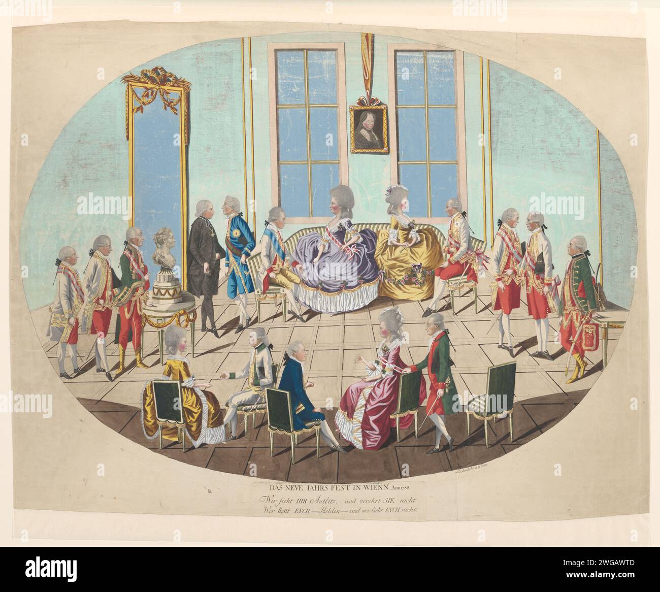 Fête du nouvel an à Vienne, Johann Hieronymus Loeschenkohl, 1782 papier gravé des personnages historiques anonymes dépeints dans un groupe, dans un portrait de groupe. Janvier 1 ( festivités) Vienne Banque D'Images