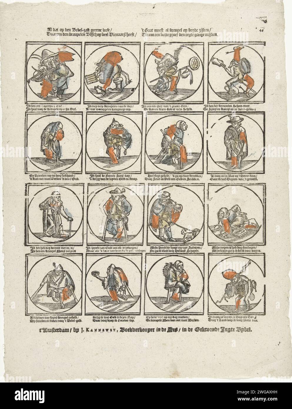 Tout ce qui vit sur le sac de mendicité geerne / donc l'évêque infirme a beaucoup de diaars / il est le plus déjà boiteux sur les côtés de la beyde / qui évitent le bon gange, 1725 - 1780 pour un test cool, imprimer feuille avec 16 médaillons avec des représentations de mendiants avec des limitations physiques et des arcs de fantaisie d'échantillon. Sous chaque image, un verset bidirectionnel. Numéroté en haut à droite : *44. Editeur : Amsterdamprint Maker : Netherlands paper letterpress printing Beggar. personne ayant un handicap physique Banque D'Images