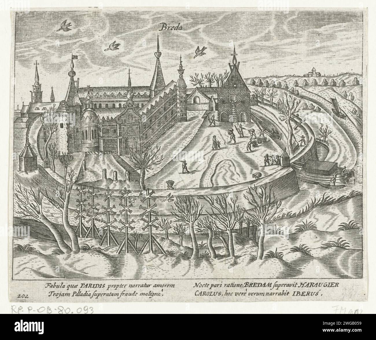 Admission de Breda, 1590, 1613 - 1615 imprimer l'admission de Breda par l'armée de l'État sous Maurits, 4 mars 1590. Le navire de tourbe est retiré dans le château. Avec légende de 4 lignes en latin. Numéroté 202. Imprimé au dos avec texte en latin. Gravure sur papier du nord des pays-Bas Breda Banque D'Images