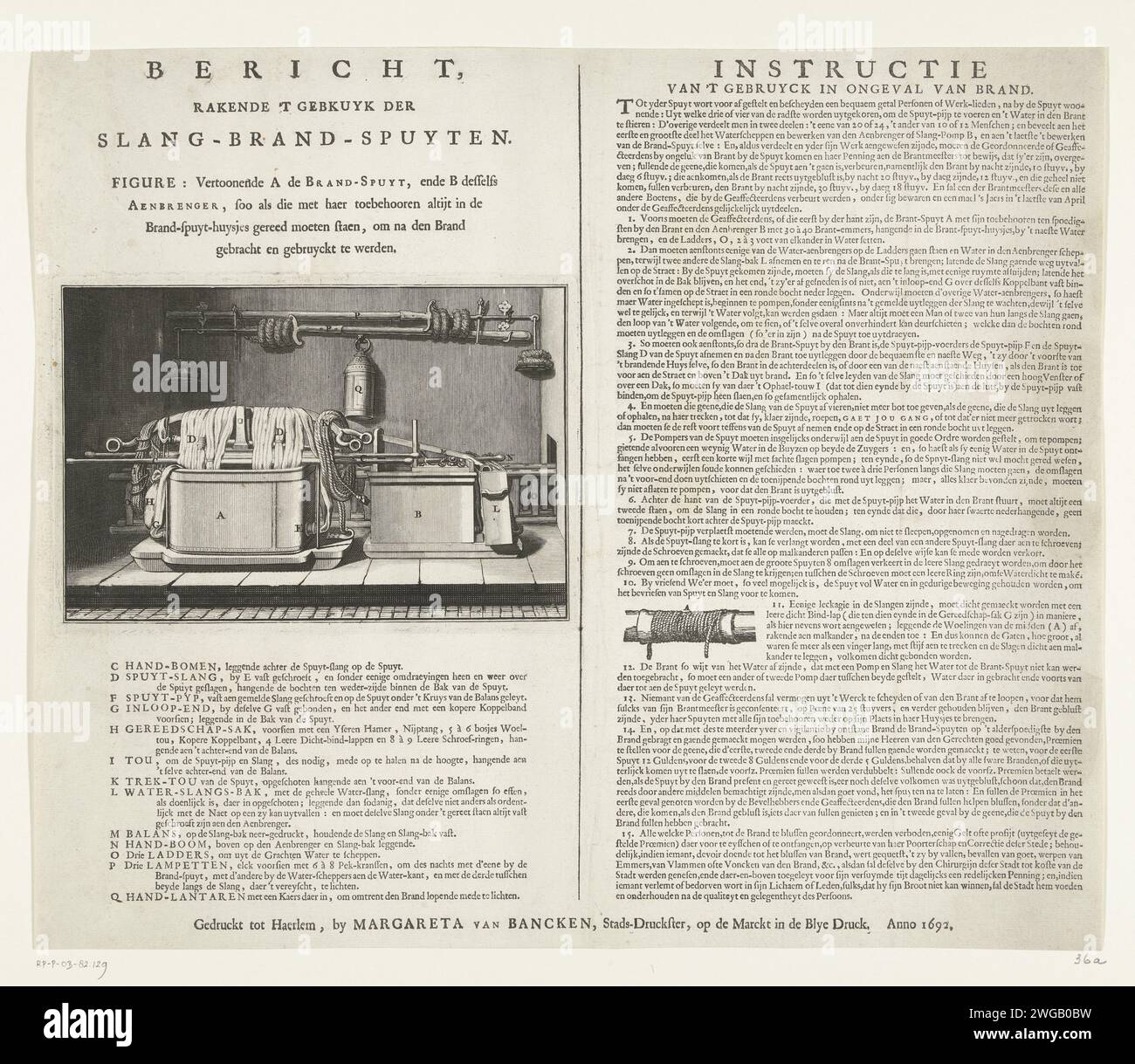 Instructions sur l'utilisation des pulvérisateurs à incendie à tuyau, 1692, 1692 imprimer feuille avec des instructions sur l'utilisation et le stockage corrects des pulvérisateurs à incendie à tuyau, 1692. Sur la gauche, une représentation comment le pulvérisateur d'incendie de tuyau et la pompe doivent être stockés dans la maison de pulvérisation d'incendie après utilisation, avec la légende A-Q. Sur la droite une feuille de texte avec les instructions d'utilisation en cas d'incendie en 15 points et une plaque comment une fuite doit être réparée dans un tuyau. Fait partie des incitations au livre de pulvérisation incendie par Jan van der Heyden. Imprimeur : Northern Netherlandsprinter : Haarlem gravure sur papier / impression typographique Fire-e Banque D'Images
