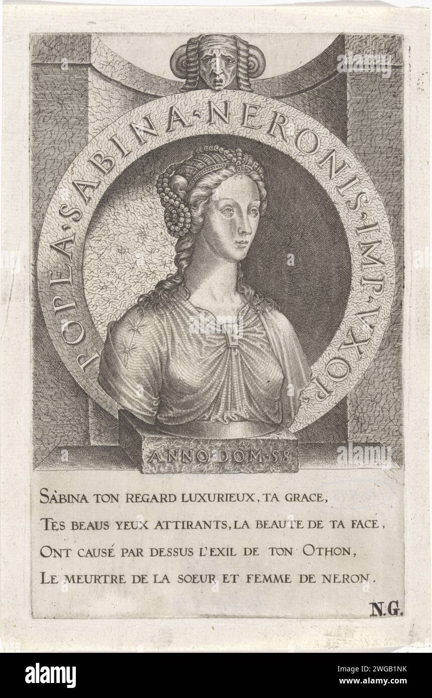 Buste van Poppaea Sabina, Lambertus Sweeter, 1520 - 1567 imprimer buste van Poppaea Sabina, la deuxième épouse de l'empereur Néron de l'Empire romain, pour une niche. Au milieu d'un masque. Au bas d'un texte de quatre lignes en français. Sud des pays-Bas gravure sur papier reine, impératrice, etc. (Épouse d'une règle) Banque D'Images