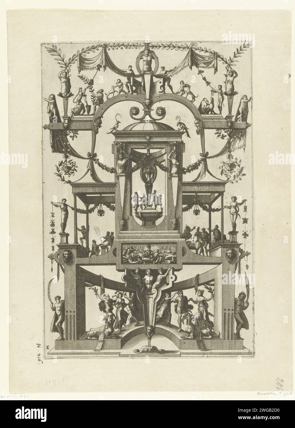 Au milieu, un parapluie, niche ouverte sur un pied dans lequel quatre figures dansantes, 1556 imprimés à gauche et à droite de la niche sont des figures dans les loggias inférieures. Au sommet sont sur le travail de roulement, trois Hermen avec entre eux dans les enfants avec des chiens, des femmes et des saters. Feuille E de la série de 12 magazines, numérotés A-m avec des décorations plates de grotesken avec roulement, saters, guirlandes, trophées, animaux et scènes de fantaisie pays-Bas (éventuellement) ornement de gravure sur papier dérivé de détails architecturaux. ornement  êtres hybrides ; formes humaines et animales mélangées Banque D'Images