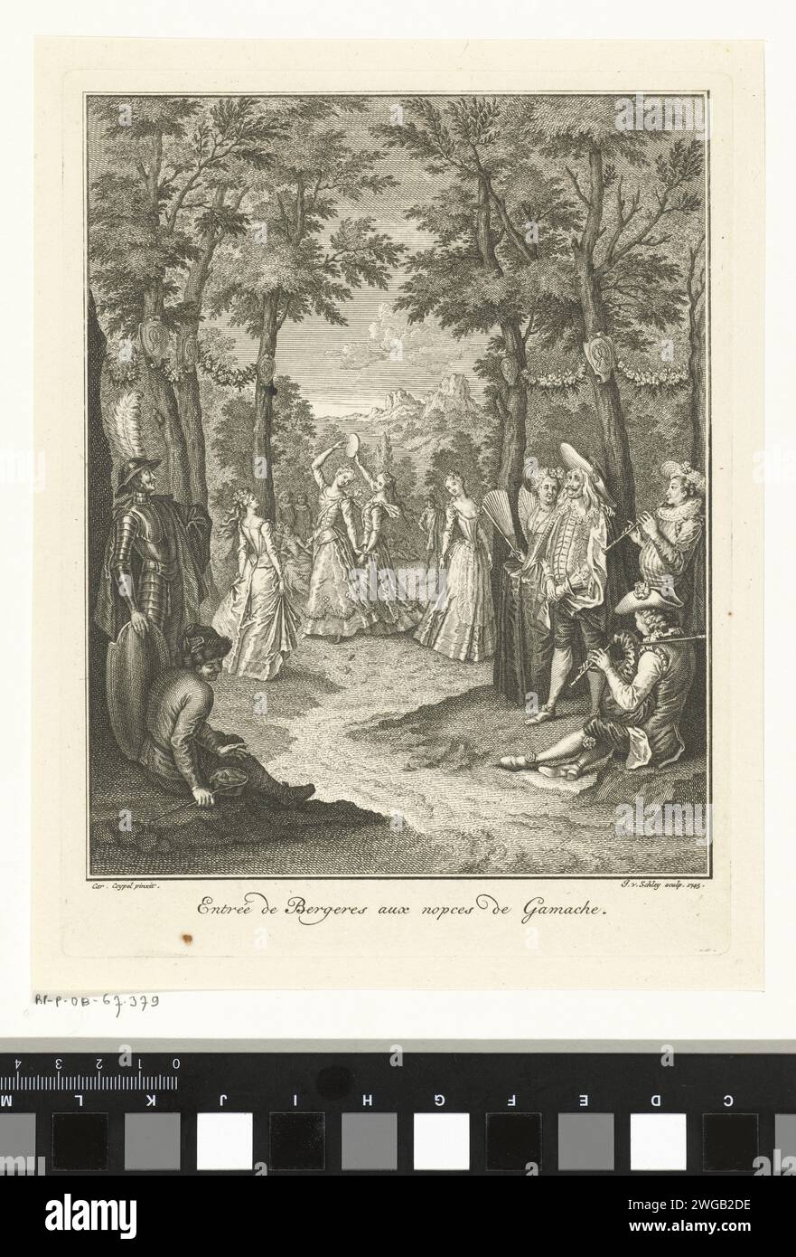 Don Quichot un Sancho sur un Bruiloft, Jacob Van the Skley, après Charles Copy Copy, 1745 print Don Quichotte, avec un grand panache blanc sur son casque, et Sancho sont sur un mariage dans la forêt. A côté de Sancho est une casserole avec de la nourriture. La danse et la cornemuse sont jouées. Amsterdam papier gravure / gravure fête de mariage, repas de mariage. Cornemuse, musette - CC - hors portes Banque D'Images